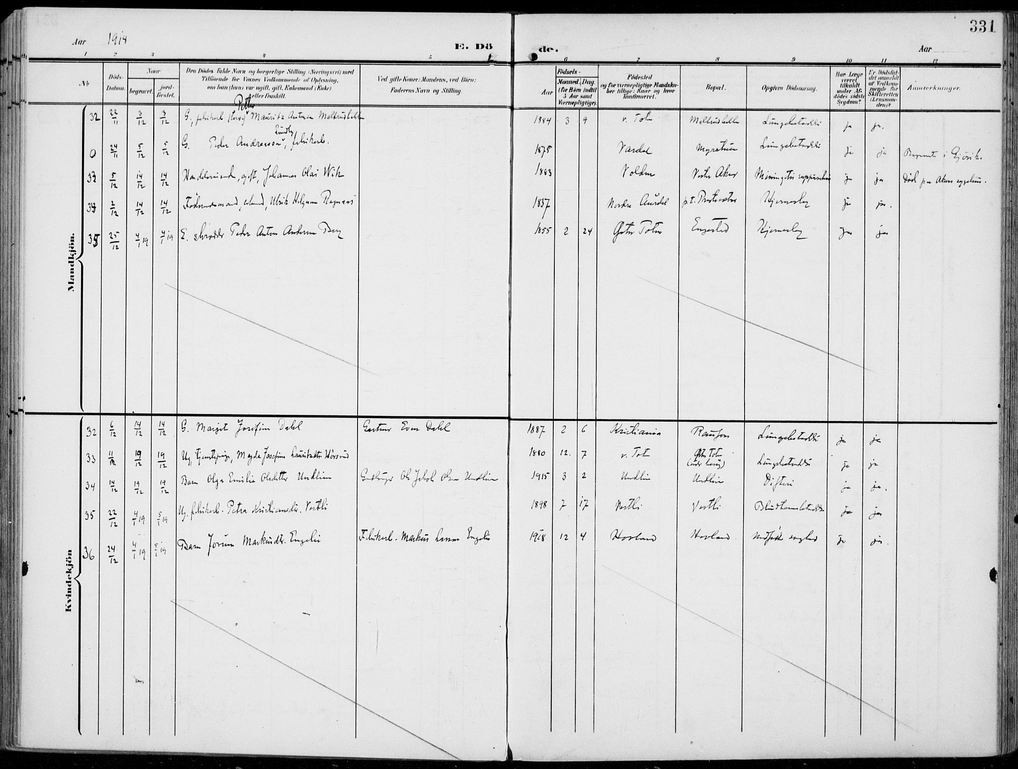 Vestre Toten prestekontor, SAH/PREST-108/H/Ha/Haa/L0014: Parish register (official) no. 14, 1907-1920, p. 331