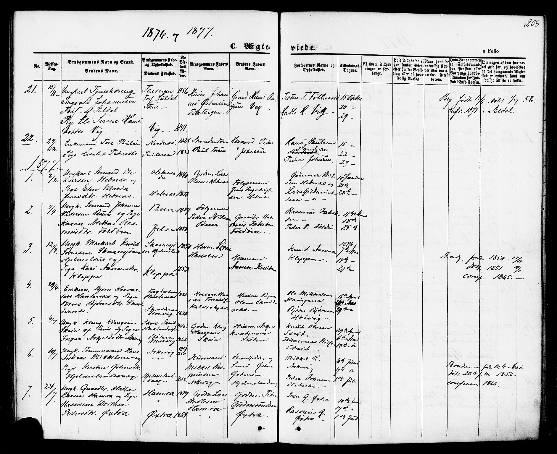 Jelsa sokneprestkontor, SAST/A-101842/01/IV: Parish register (official) no. A 8, 1867-1883, p. 208