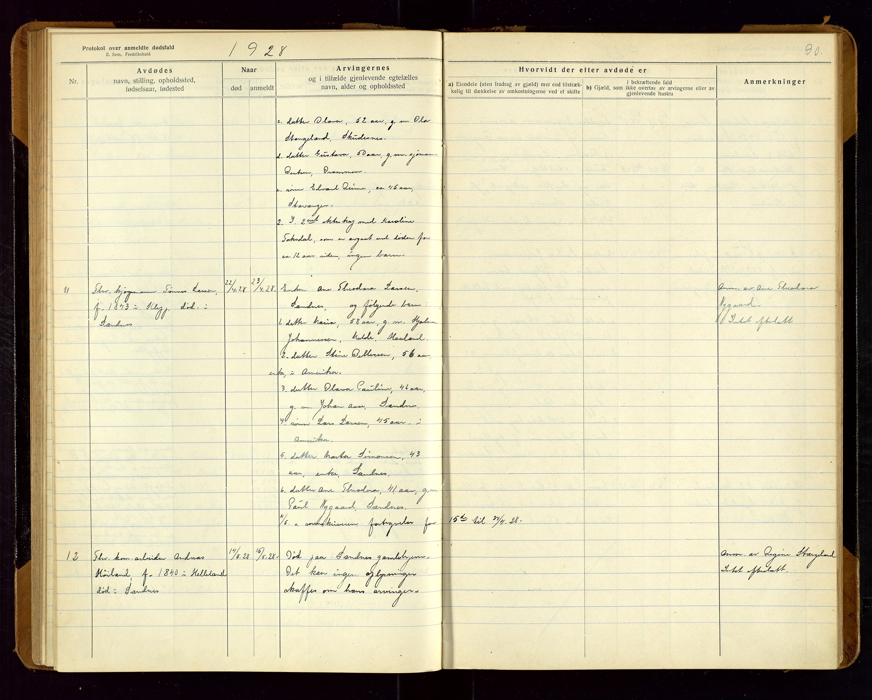 Sandnes lensmannskontor, SAST/A-100167/Gga/L0001: "Protokol over anmeldte dødsfald" m/register, 1918-1940, p. 90