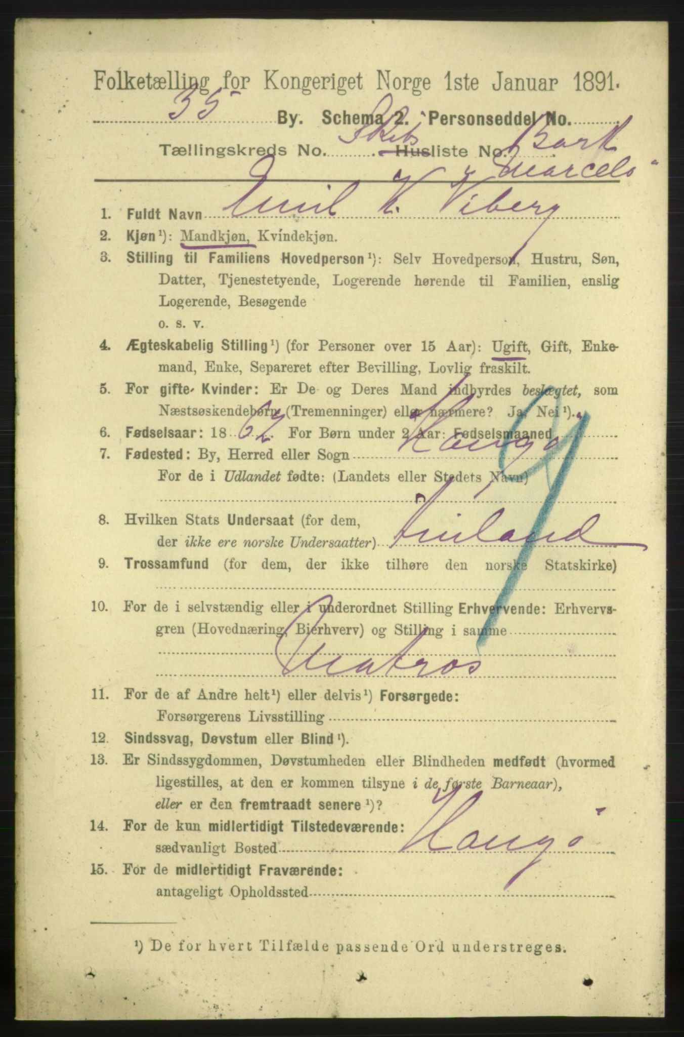 RA, 1891 census for 0905 Lillesand, 1891, p. 1620