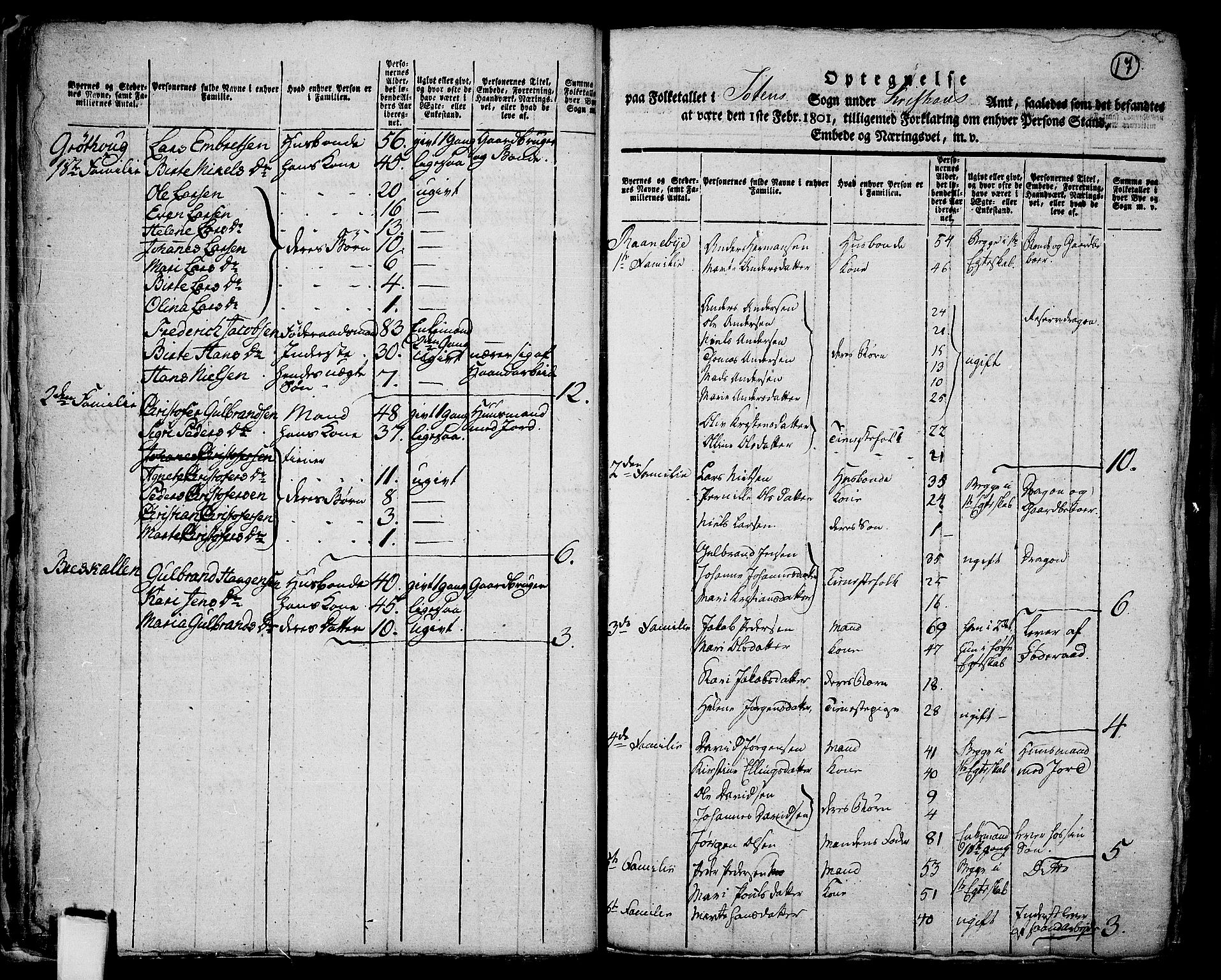 RA, 1801 census for 0528P Toten, 1801, p. 16b-17a