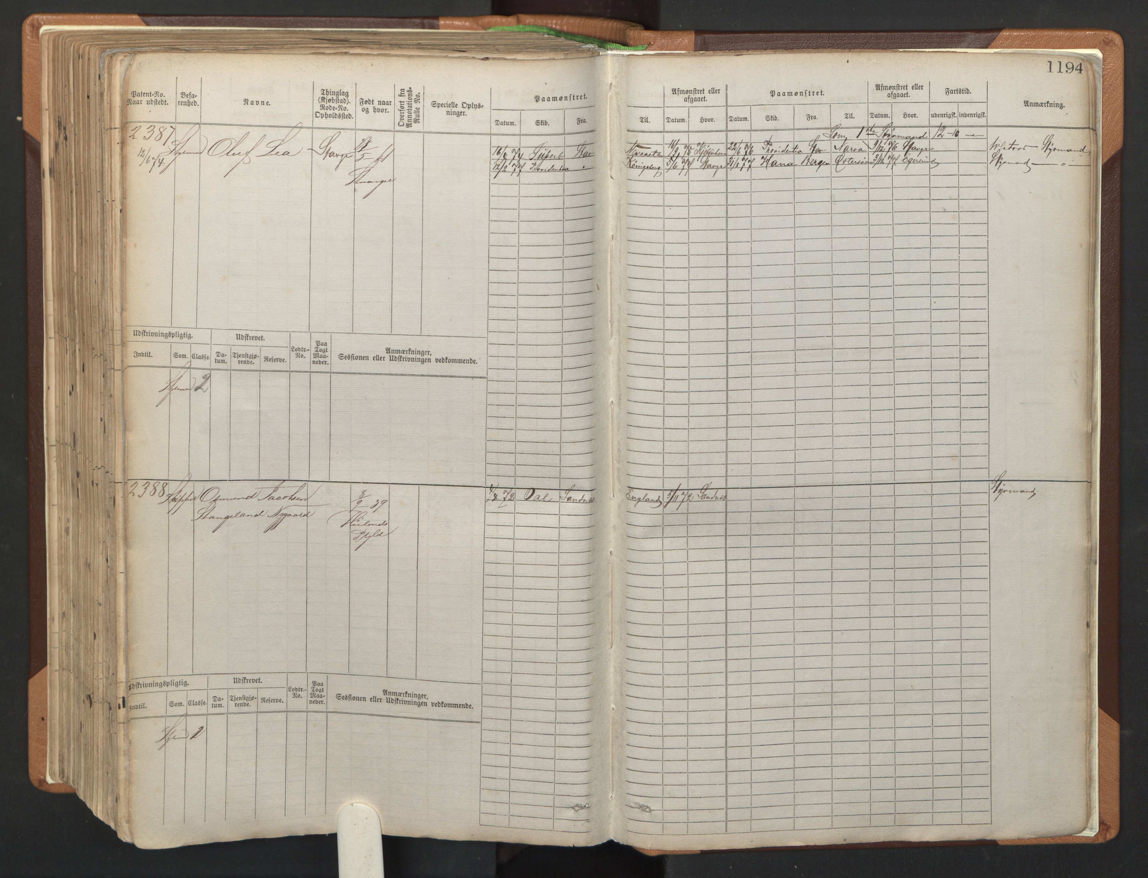 Stavanger sjømannskontor, AV/SAST-A-102006/F/Fb/Fbb/L0006: Sjøfartshovedrulle, patentnr. 1607-2402 (del 3), 1869-1880, p. 394