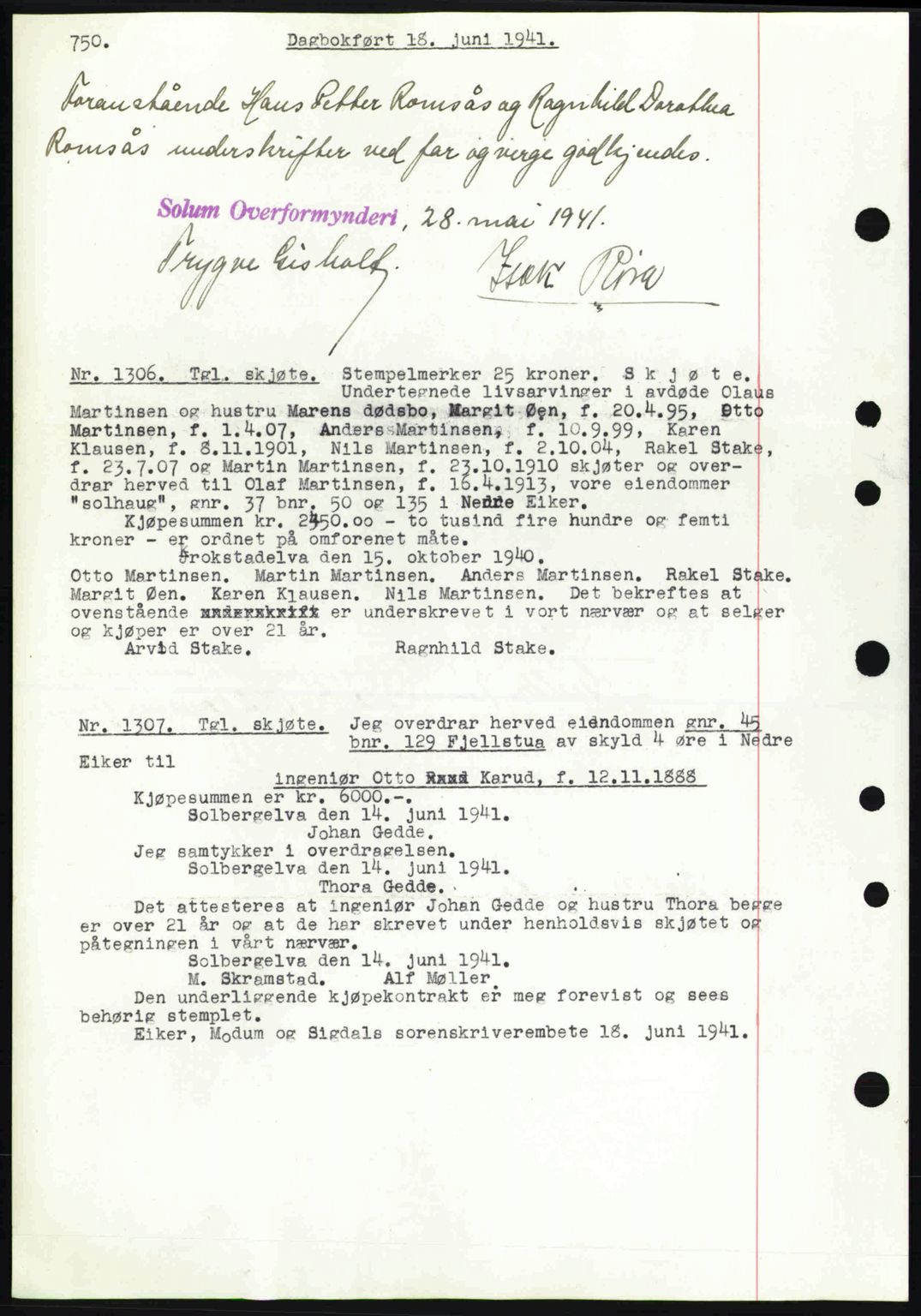 Eiker, Modum og Sigdal sorenskriveri, SAKO/A-123/G/Ga/Gab/L0043: Mortgage book no. A13, 1940-1941, Diary no: : 1306/1941