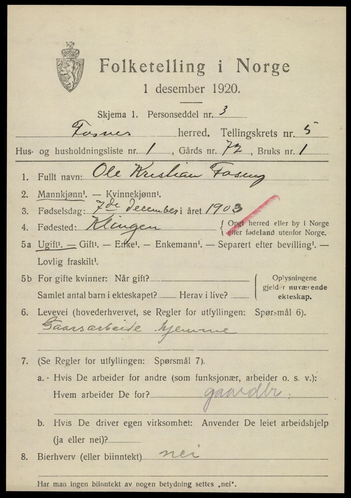 SAT, 1920 census for Fosnes, 1920, p. 2181