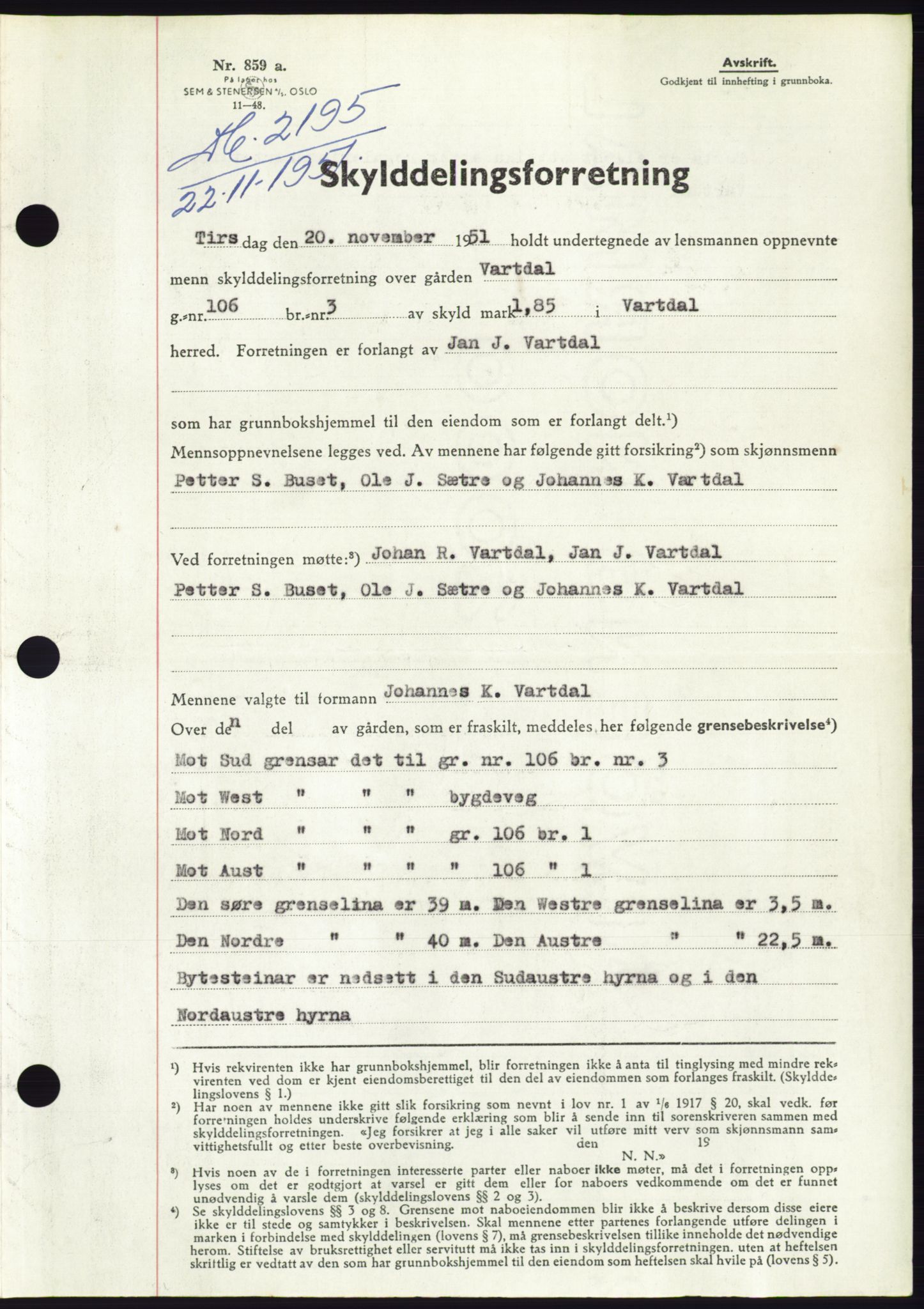 Søre Sunnmøre sorenskriveri, AV/SAT-A-4122/1/2/2C/L0090: Mortgage book no. 16A, 1951-1951, Diary no: : 2195/1951