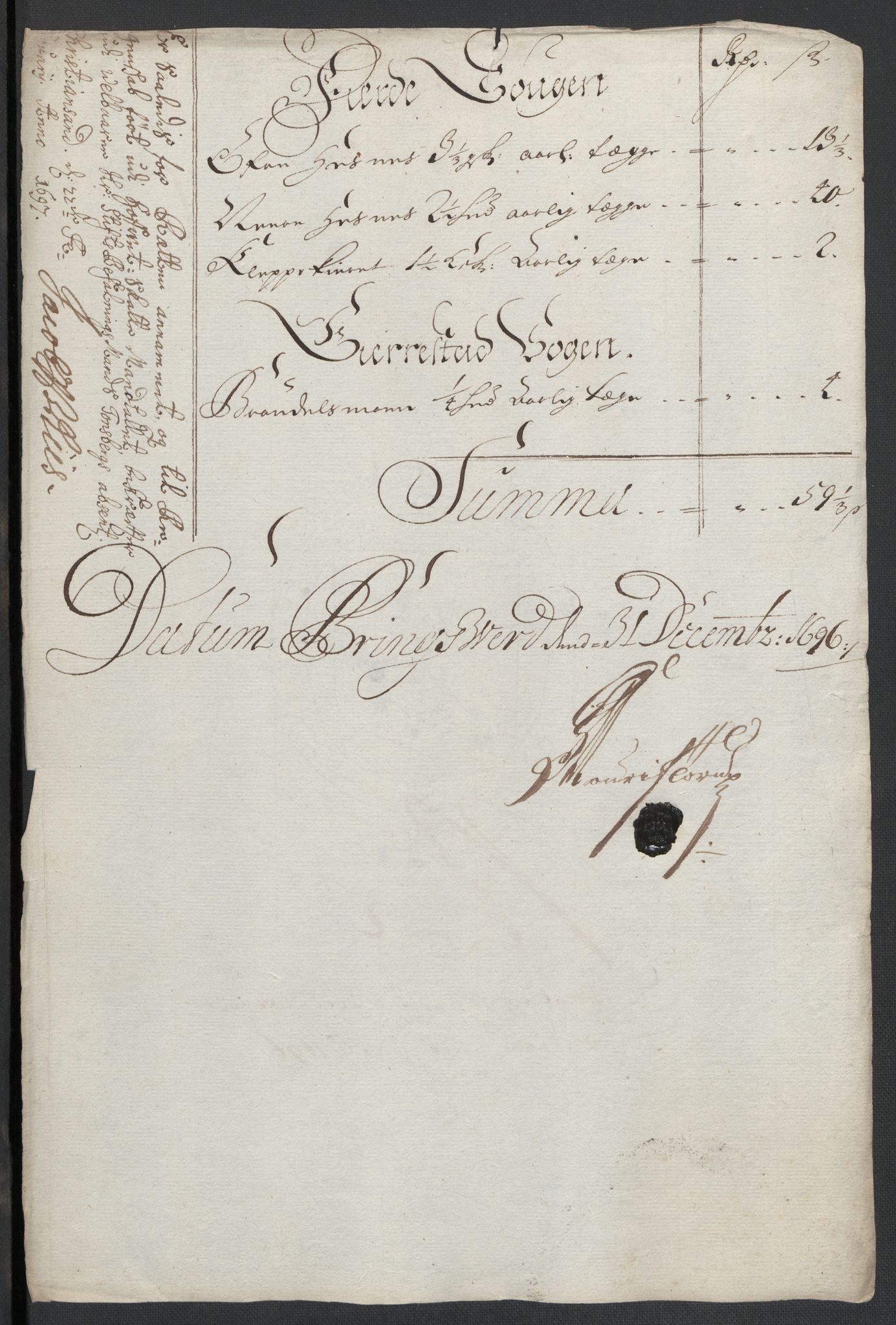 Rentekammeret inntil 1814, Reviderte regnskaper, Fogderegnskap, RA/EA-4092/R39/L2313: Fogderegnskap Nedenes, 1696-1697, p. 25