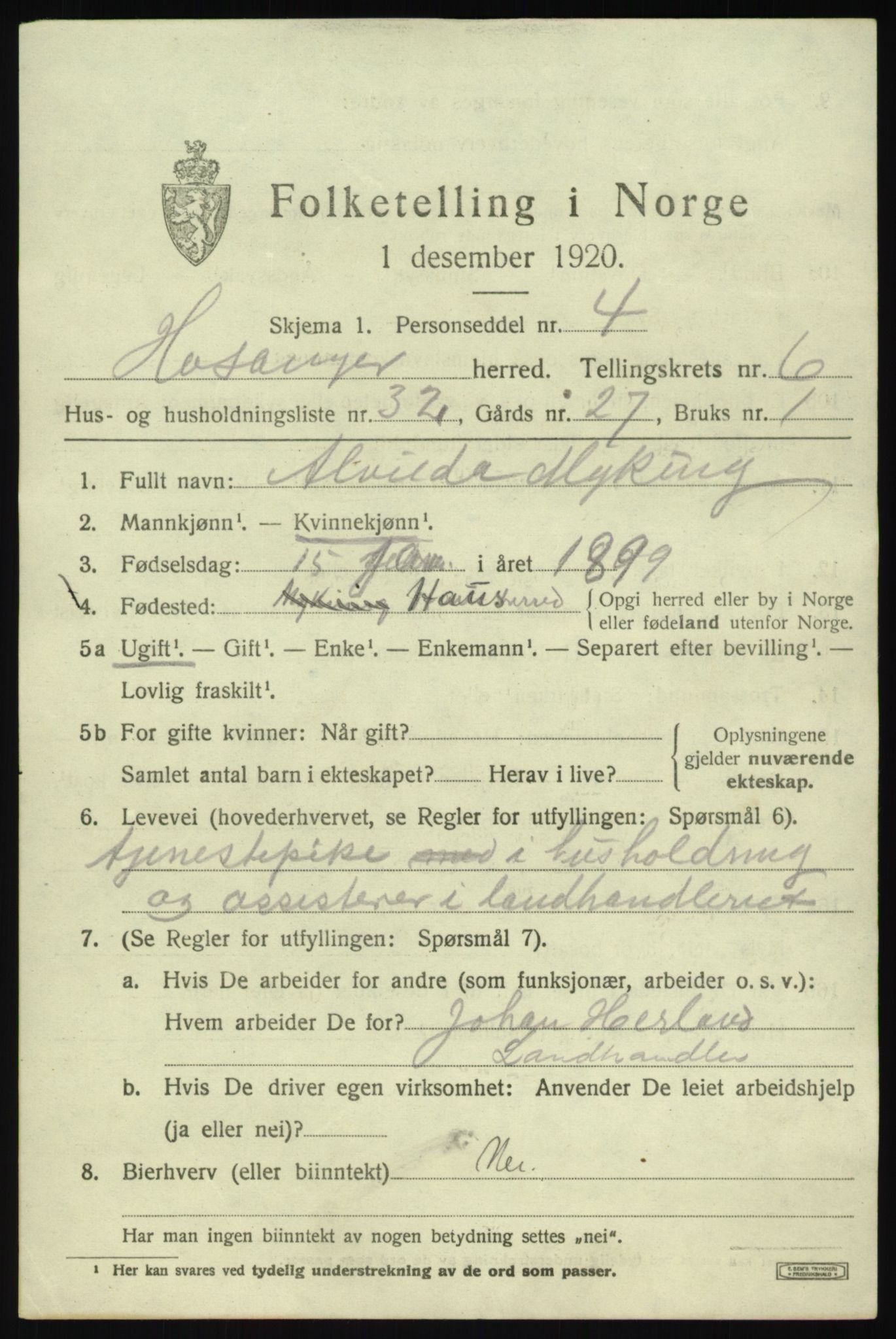 SAB, 1920 census for Hosanger, 1920, p. 3061