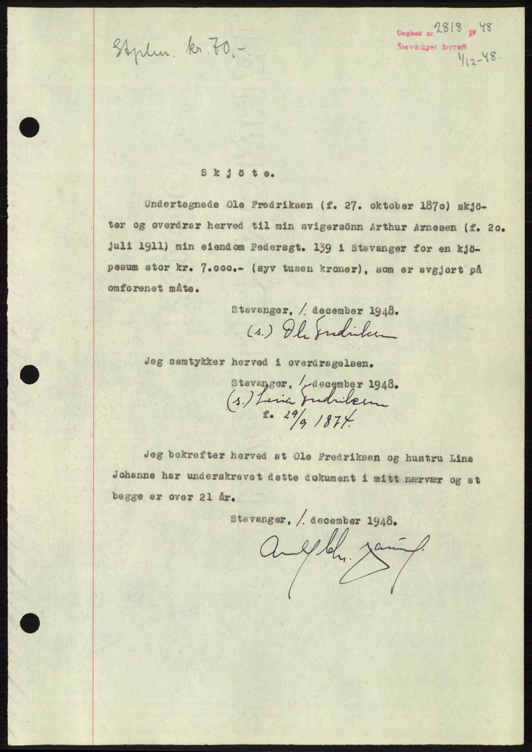 Stavanger byrett, SAST/A-100455/002/G/Gb/L0023: Mortgage book no. A12, 1948-1949, Diary no: : 2818/1948
