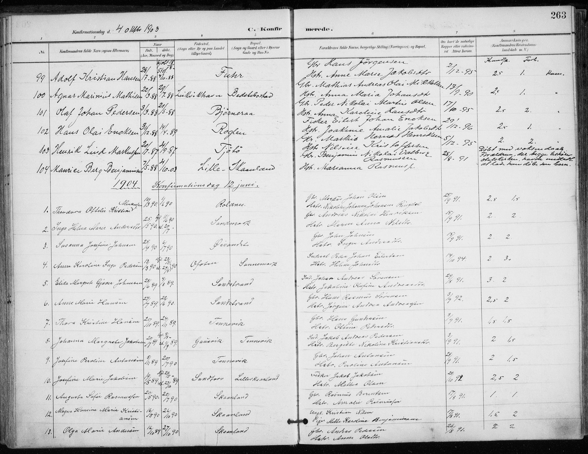 Trondenes sokneprestkontor, AV/SATØ-S-1319/H/Ha/L0017kirke: Parish register (official) no. 17, 1899-1908, p. 263