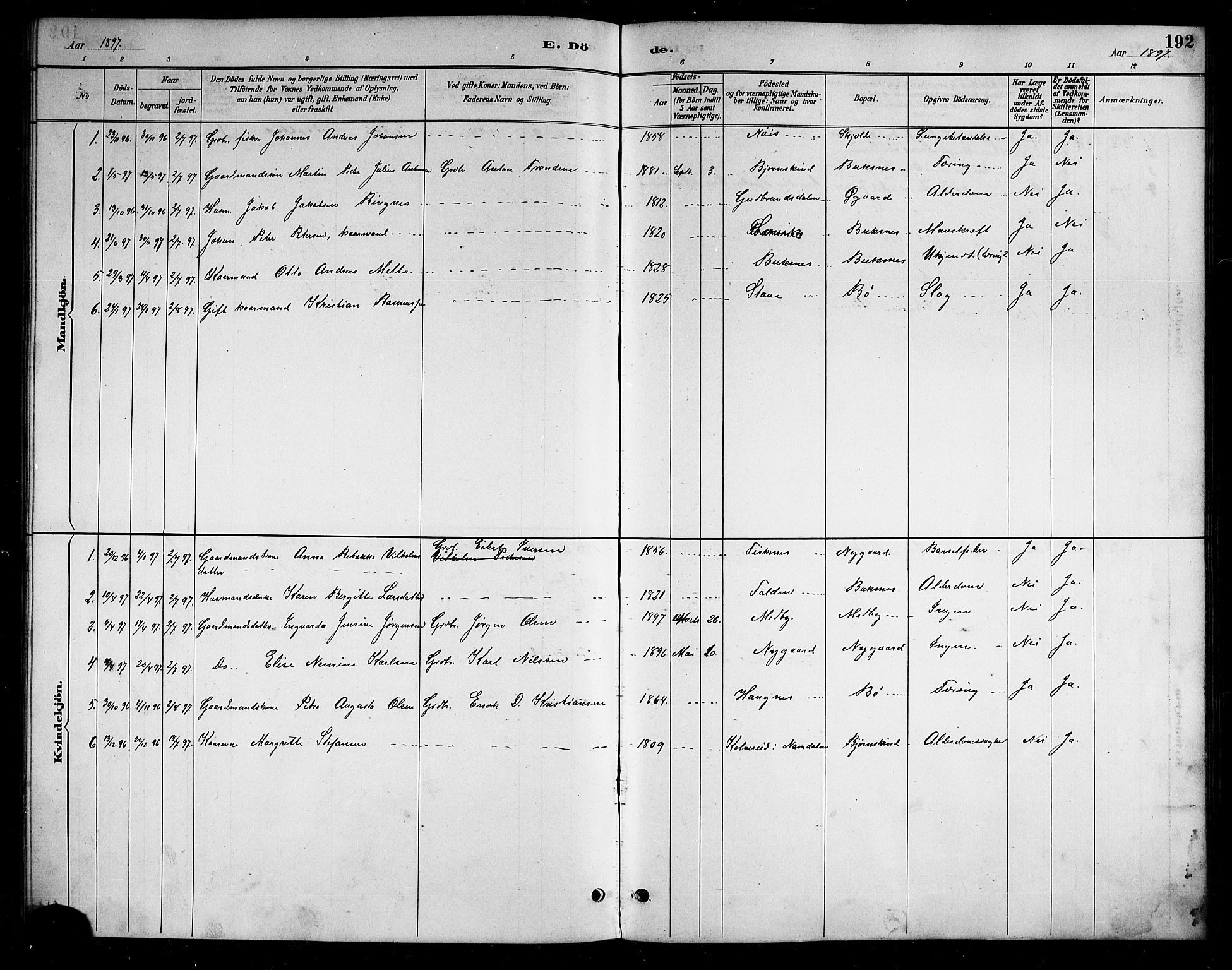 Ministerialprotokoller, klokkerbøker og fødselsregistre - Nordland, AV/SAT-A-1459/898/L1427: Parish register (copy) no. 898C02, 1887-1917, p. 192