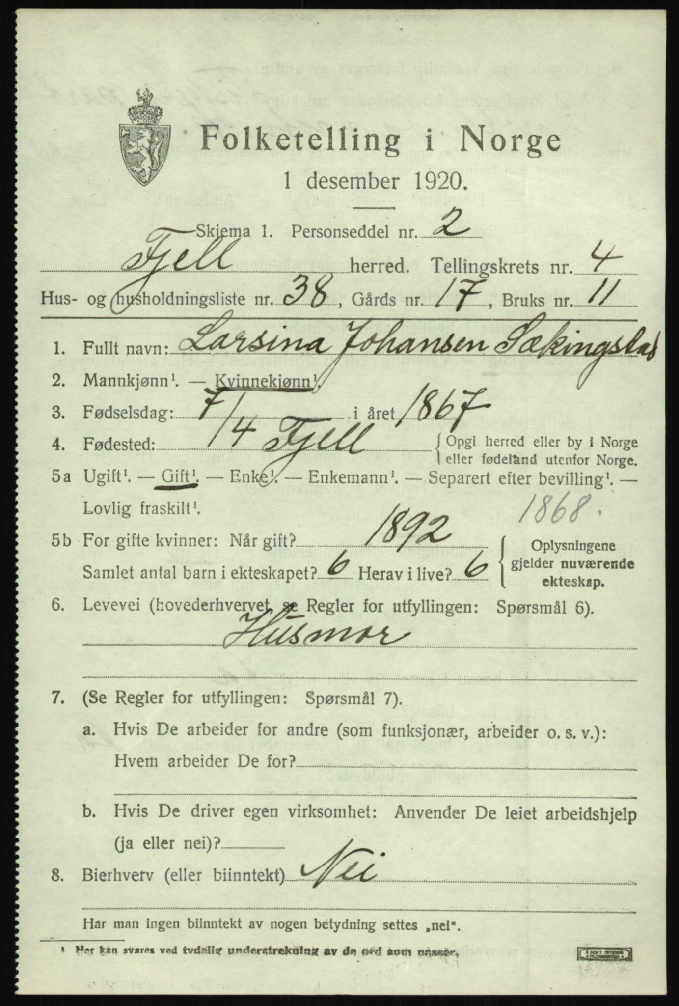 SAB, 1920 census for Fjell, 1920, p. 4210