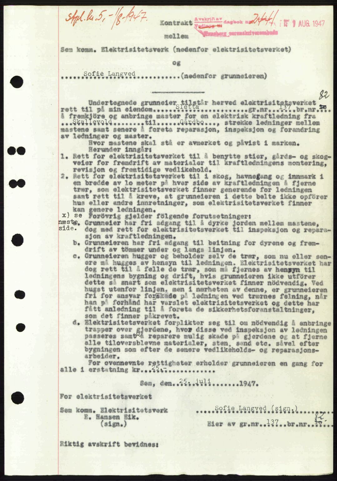 Jarlsberg sorenskriveri, SAKO/A-131/G/Ga/Gaa/L0023: Mortgage book no. A-23, 1947-1947, Diary no: : 2441/1947