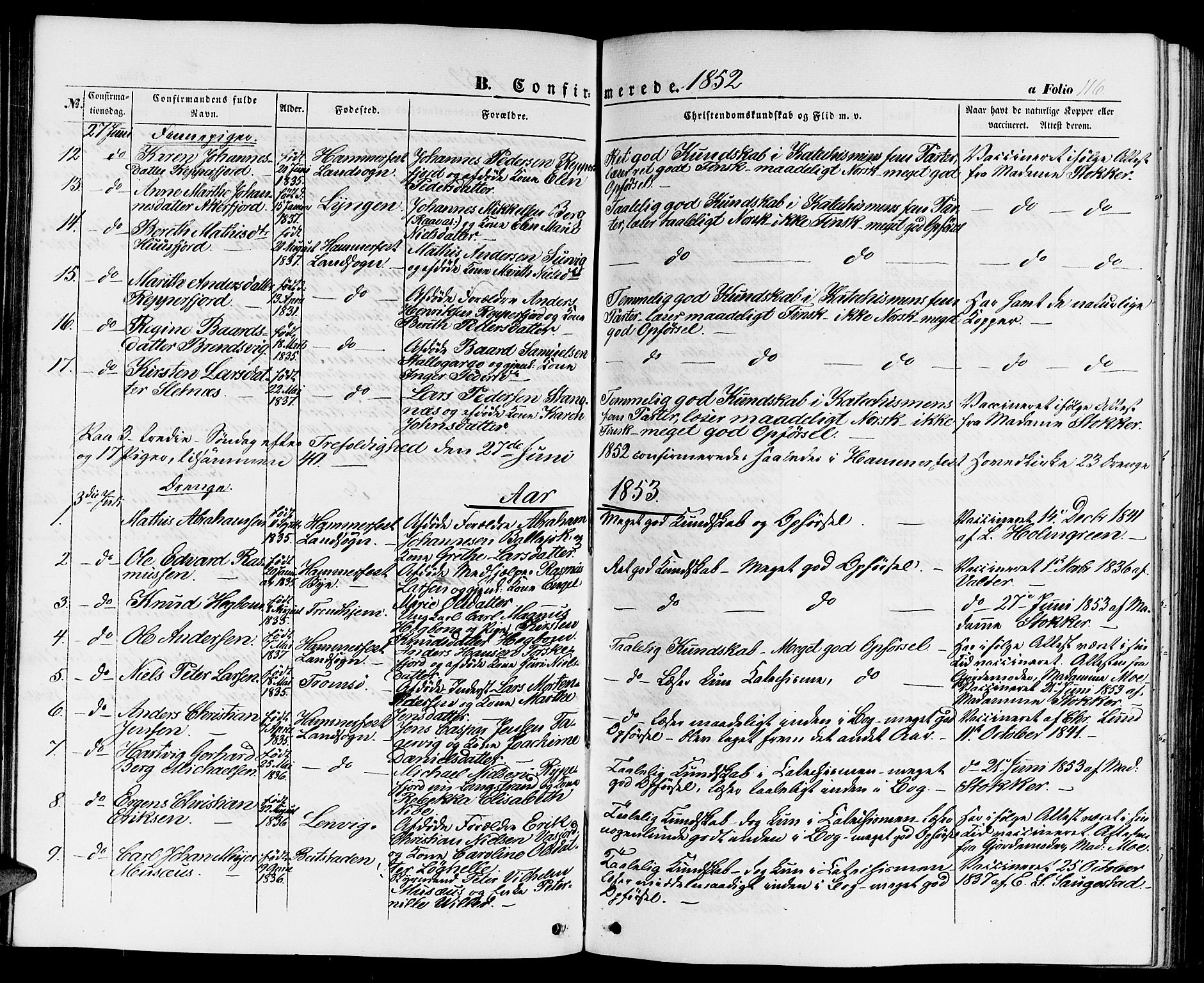 Hammerfest sokneprestkontor, SATØ/S-1347/H/Hb/L0002.klokk: Parish register (copy) no. 2, 1851-1861, p. 116