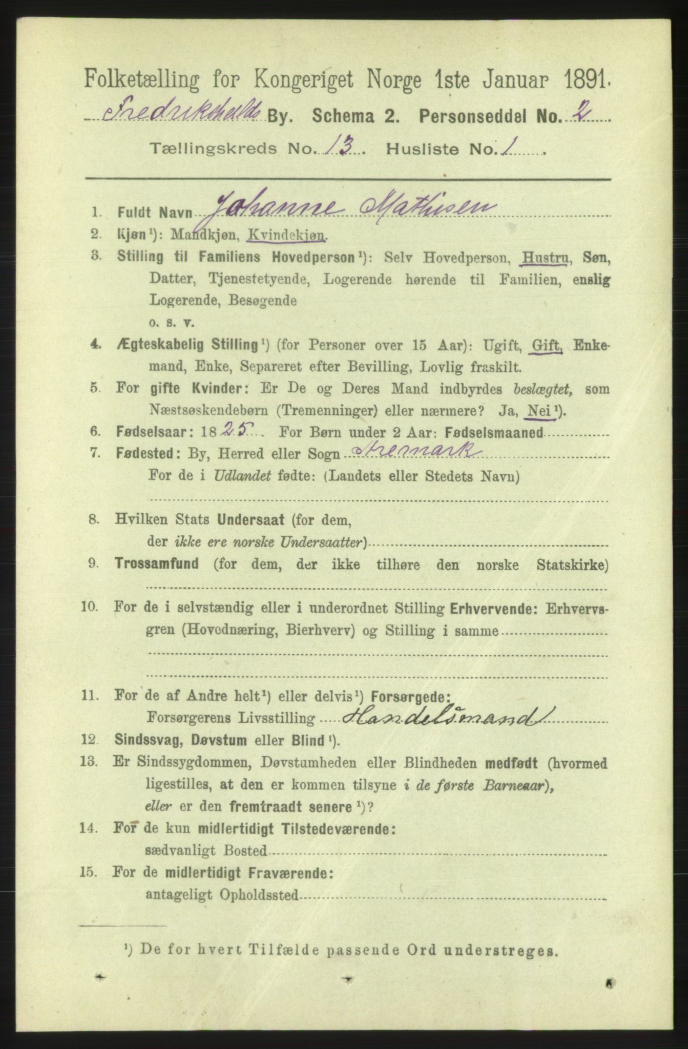 RA, 1891 census for 0101 Fredrikshald, 1891, p. 8787