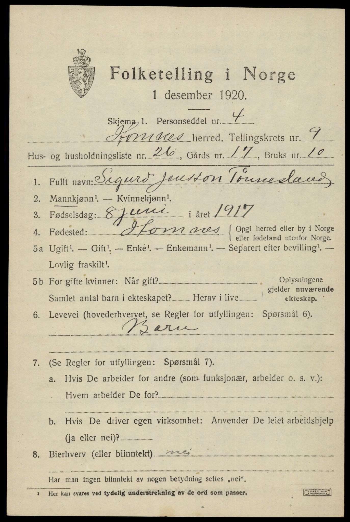 SAK, 1920 census for Hornnes, 1920, p. 2503