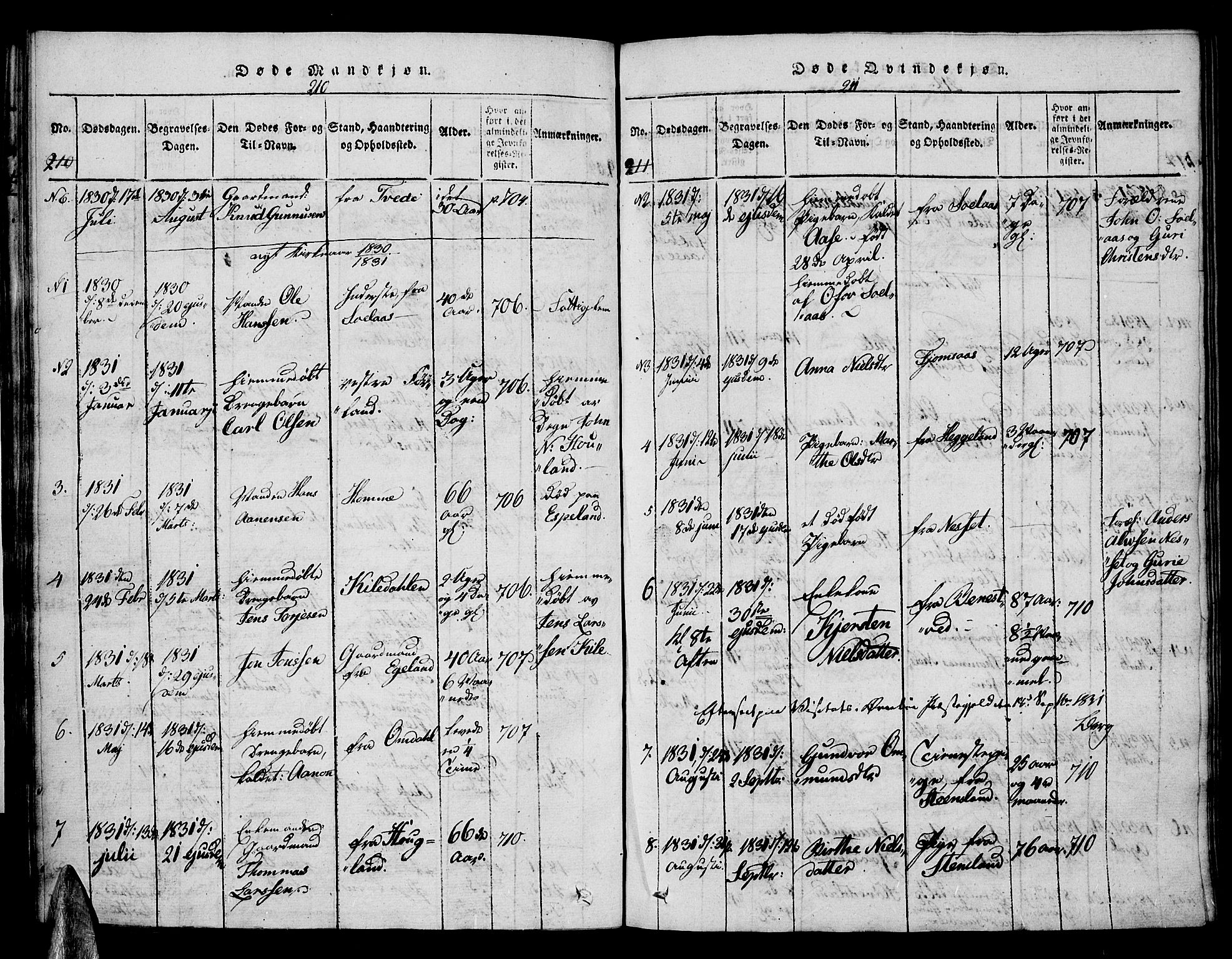 Vennesla sokneprestkontor, AV/SAK-1111-0045/Fa/Faa/L0003: Parish register (official) no. A 3, 1820-1834, p. 210-211