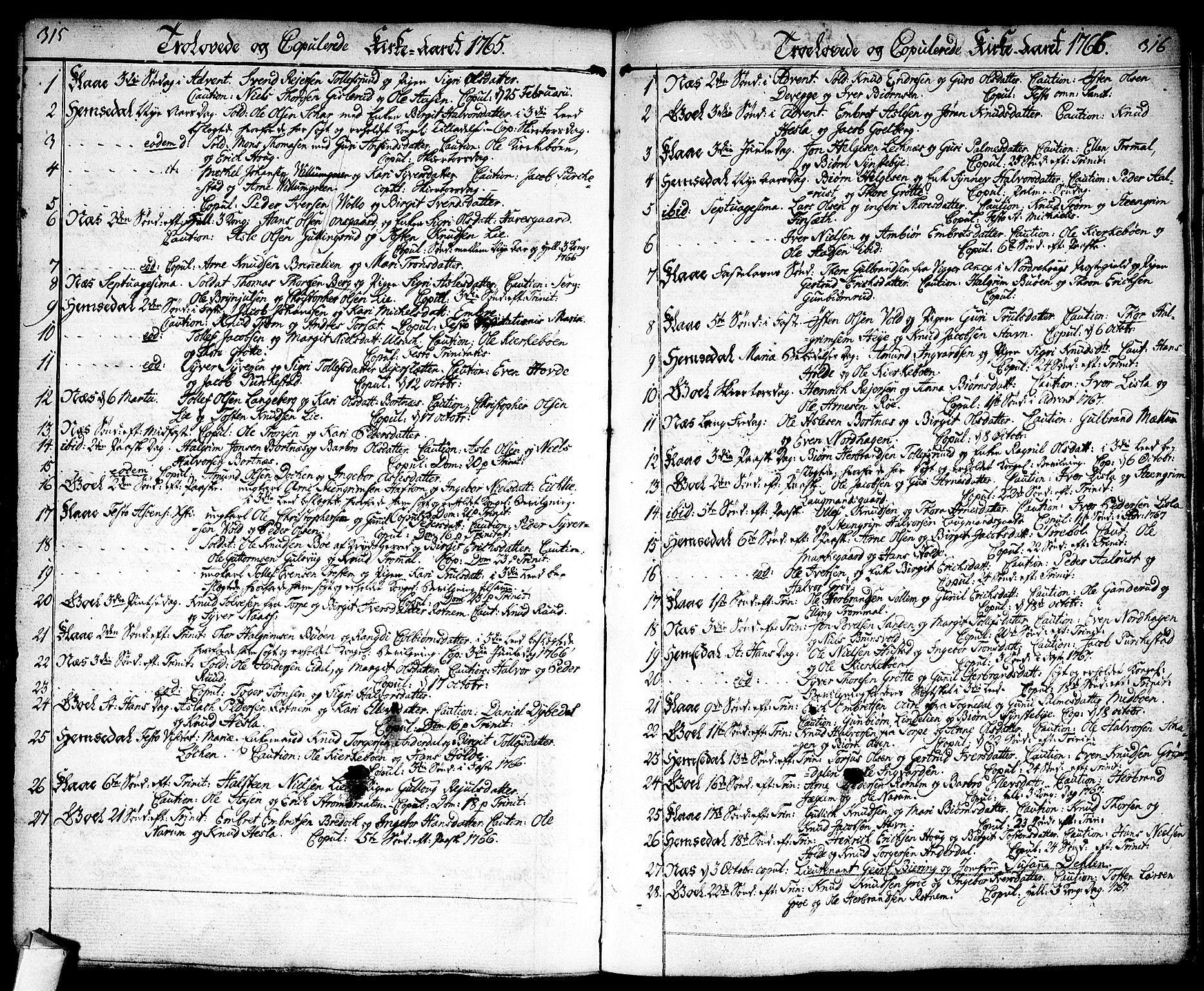 Nes kirkebøker, SAKO/A-236/F/Fa/L0004: Parish register (official) no. 4, 1764-1786, p. 315-316