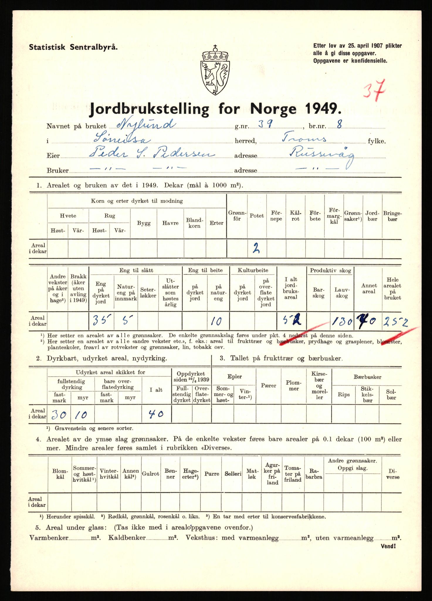 Statistisk sentralbyrå, Næringsøkonomiske emner, Jordbruk, skogbruk, jakt, fiske og fangst, AV/RA-S-2234/G/Gc/L0440: Troms: Sørreisa og Dyrøy, 1949, p. 666