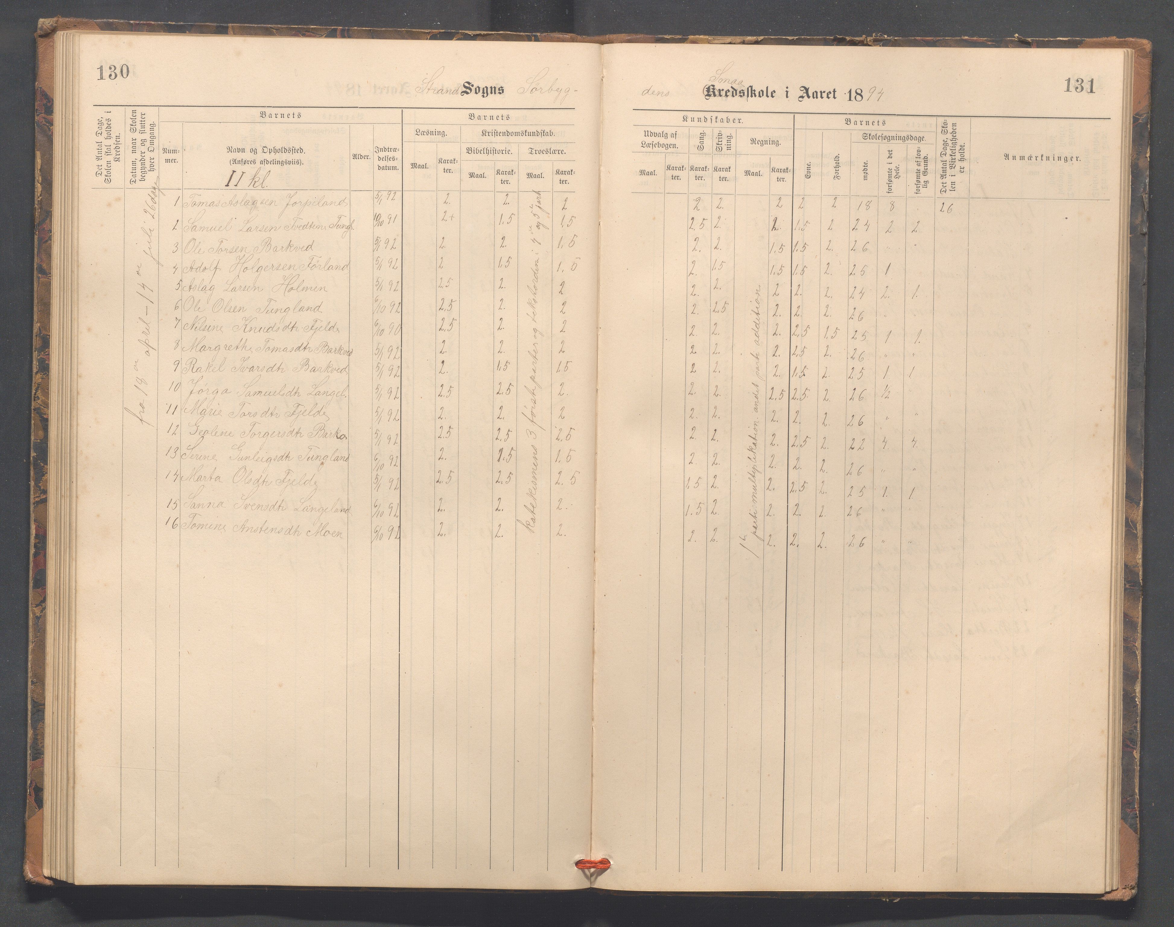 Strand kommune - Fiskå skole, IKAR/A-155/H/L0002: Skoleprotokoll for Fiskå, Heien, Jøssang, Sørbygda og Fjelde krets, 1888-1900, p. 130-131