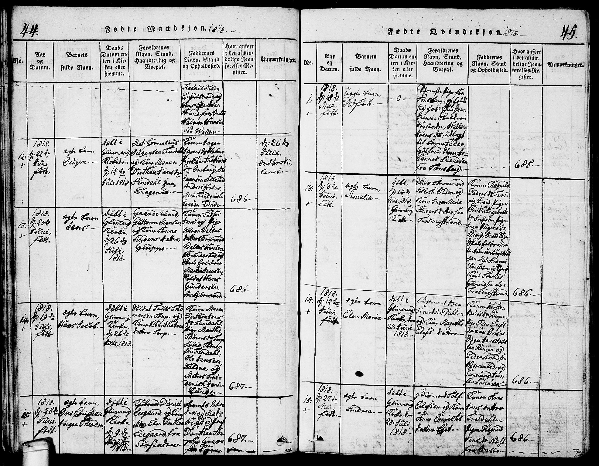 Glemmen prestekontor Kirkebøker, SAO/A-10908/G/Ga/L0001: Parish register (copy) no. 1, 1816-1838, p. 44-45