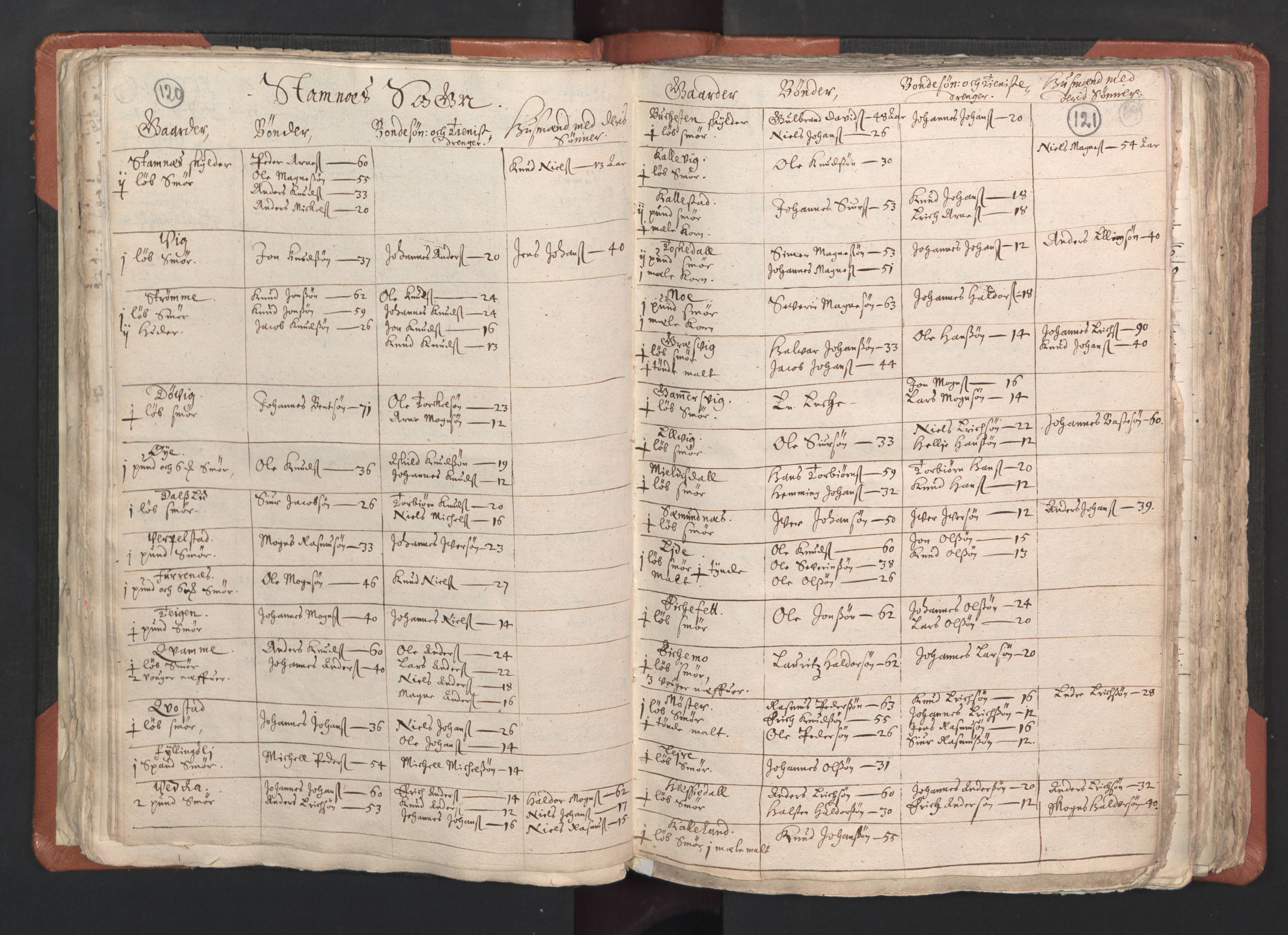 RA, Vicar's Census 1664-1666, no. 22: Nordhordland deanery, 1664-1666, p. 120-121