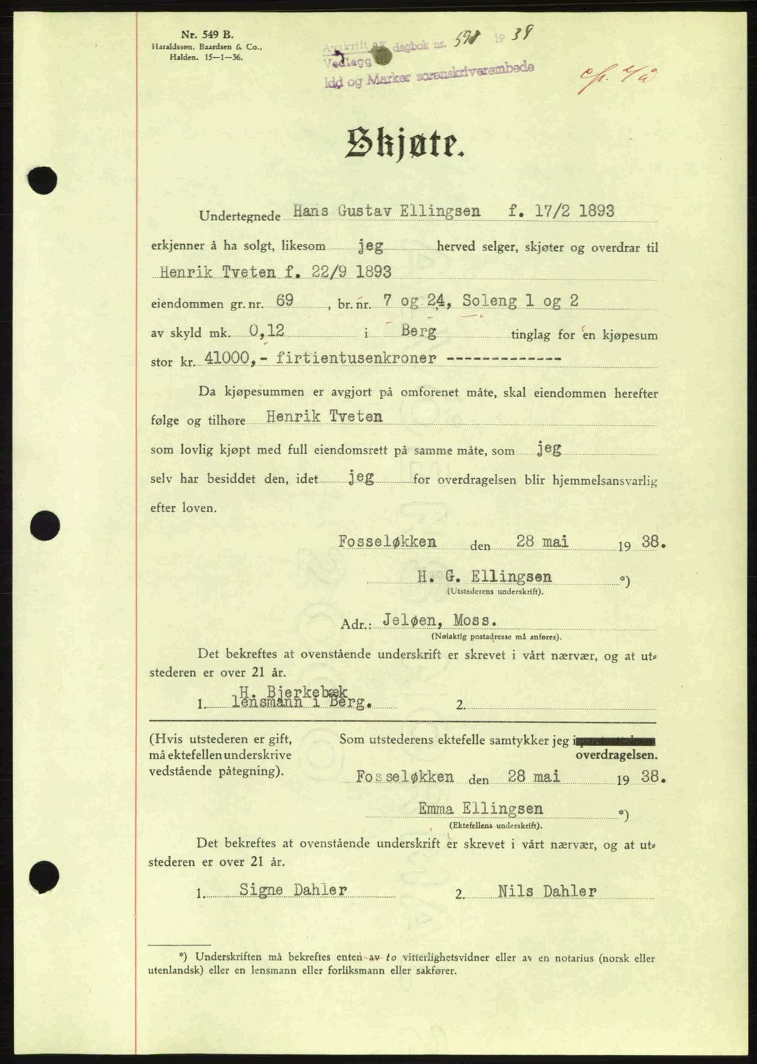 Idd og Marker sorenskriveri, AV/SAO-A-10283/G/Gb/Gbb/L0002: Mortgage book no. A2, 1937-1938, Diary no: : 598/1938