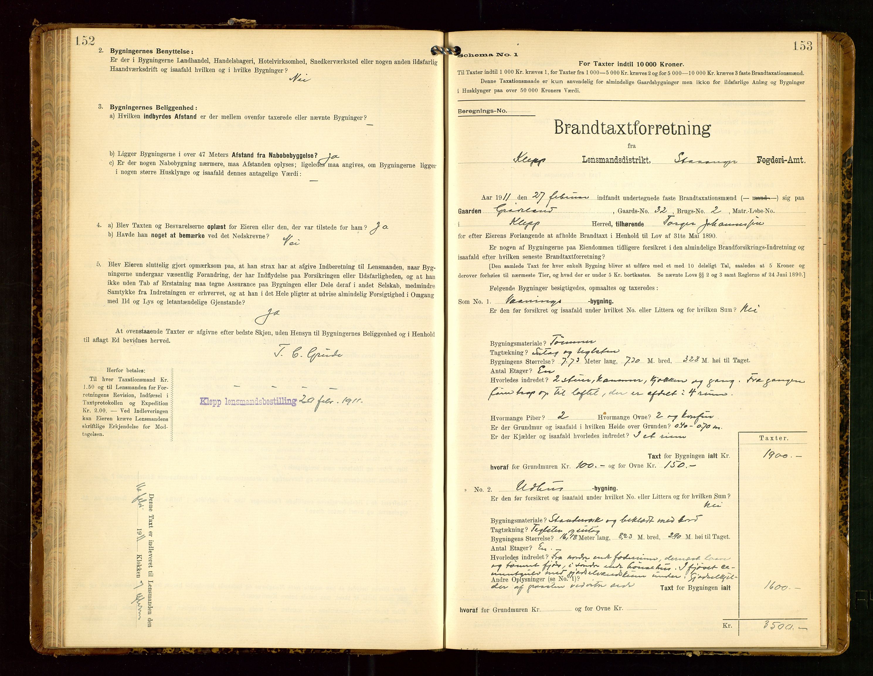 Klepp lensmannskontor, SAST/A-100163/Goc/L0005: "Brandtaxationsprotokol" m/register, 1908, p. 152-153