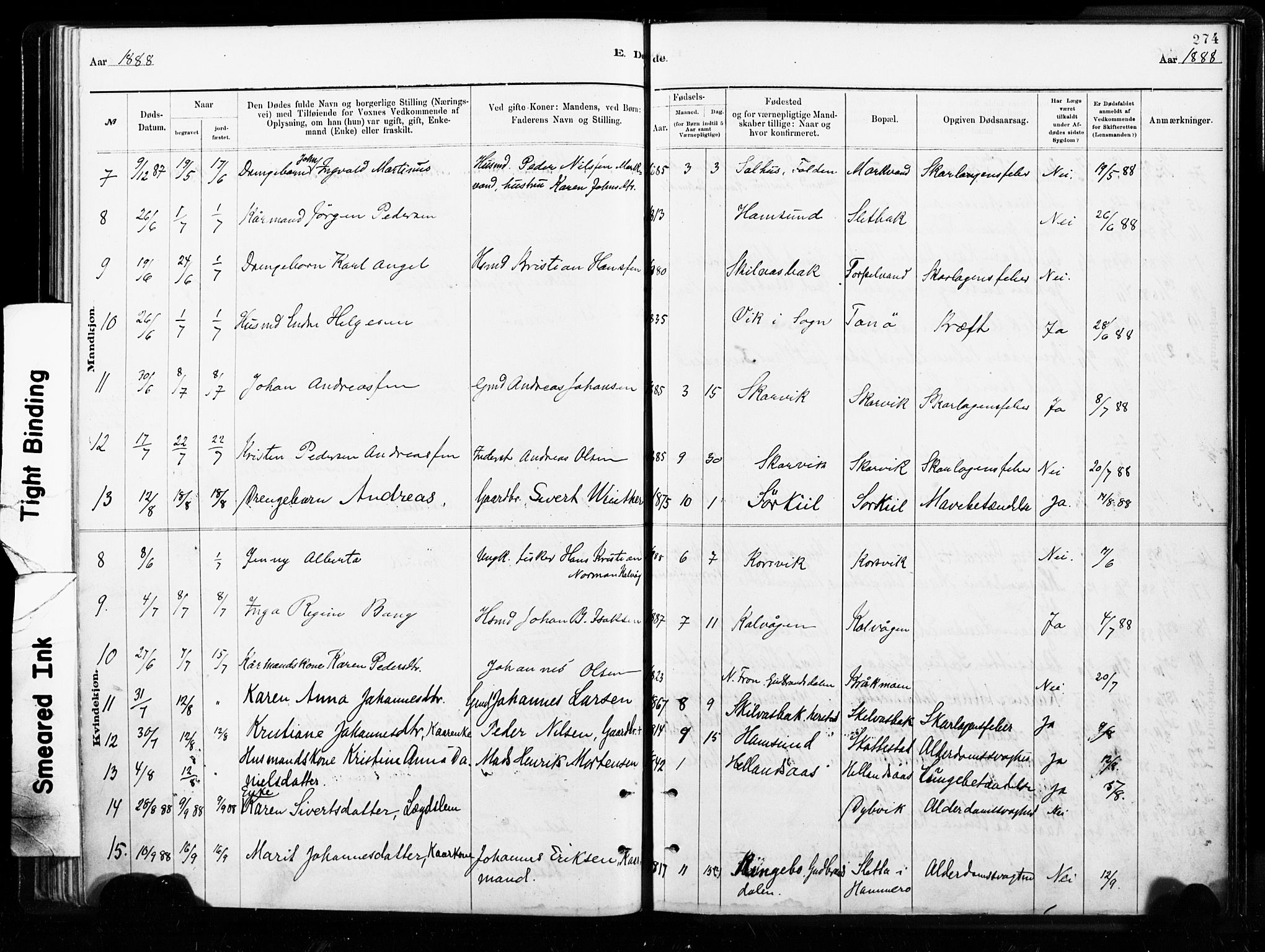 Ministerialprotokoller, klokkerbøker og fødselsregistre - Nordland, AV/SAT-A-1459/859/L0846: Parish register (official) no. 859A06, 1878-1889, p. 274