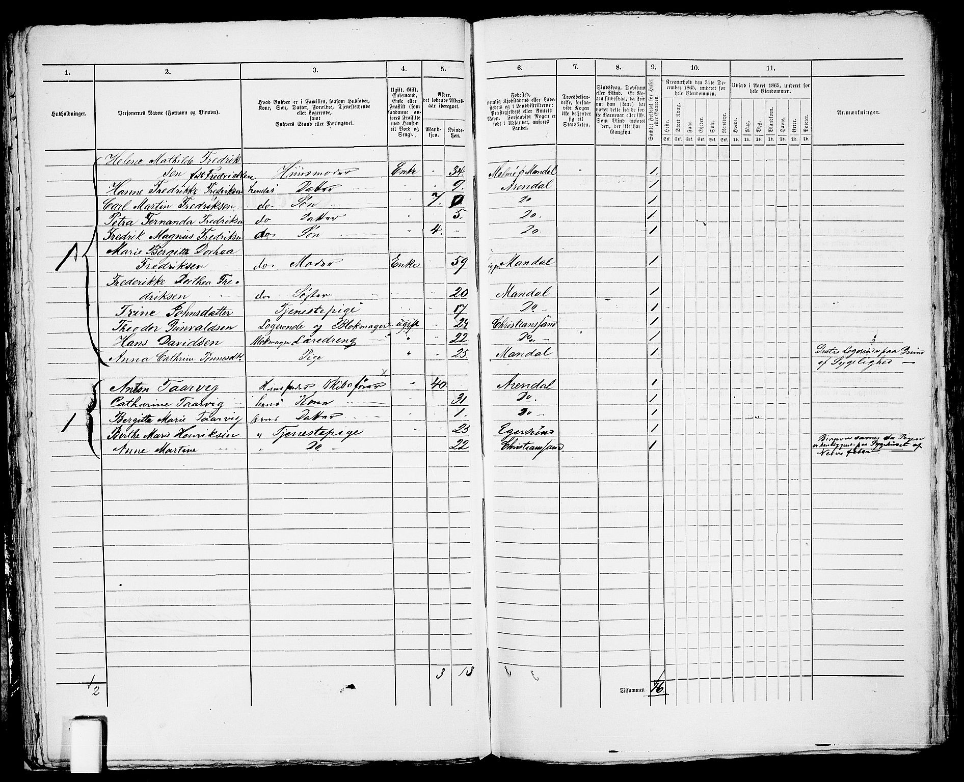 RA, 1865 census for Arendal, 1865, p. 52