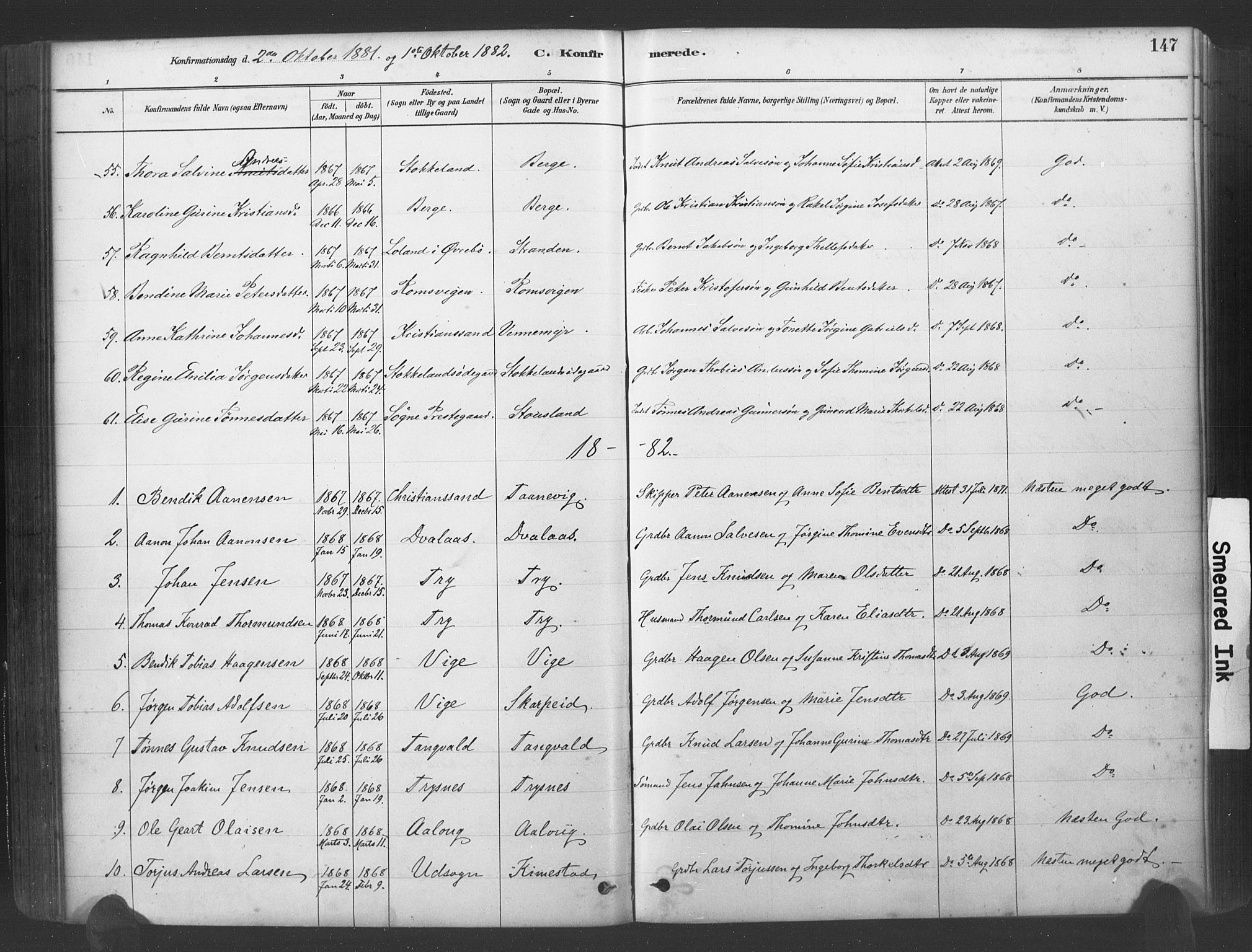 Søgne sokneprestkontor, SAK/1111-0037/F/Fa/Fab/L0012: Parish register (official) no. A 12, 1880-1891, p. 147