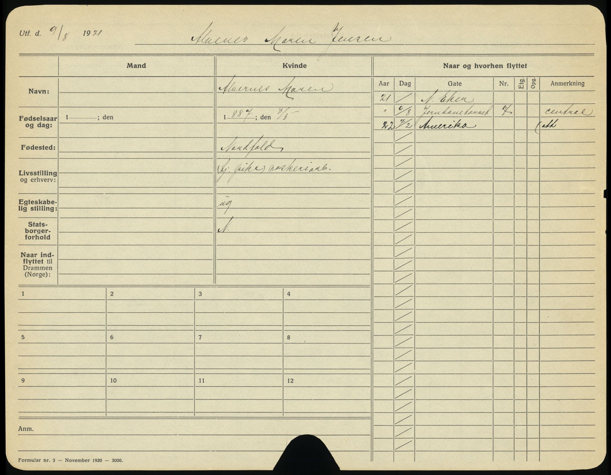 Drammen folkeregister, AV/SAKO-A-136/G/Ga/L0010: Utflyttede, 1922