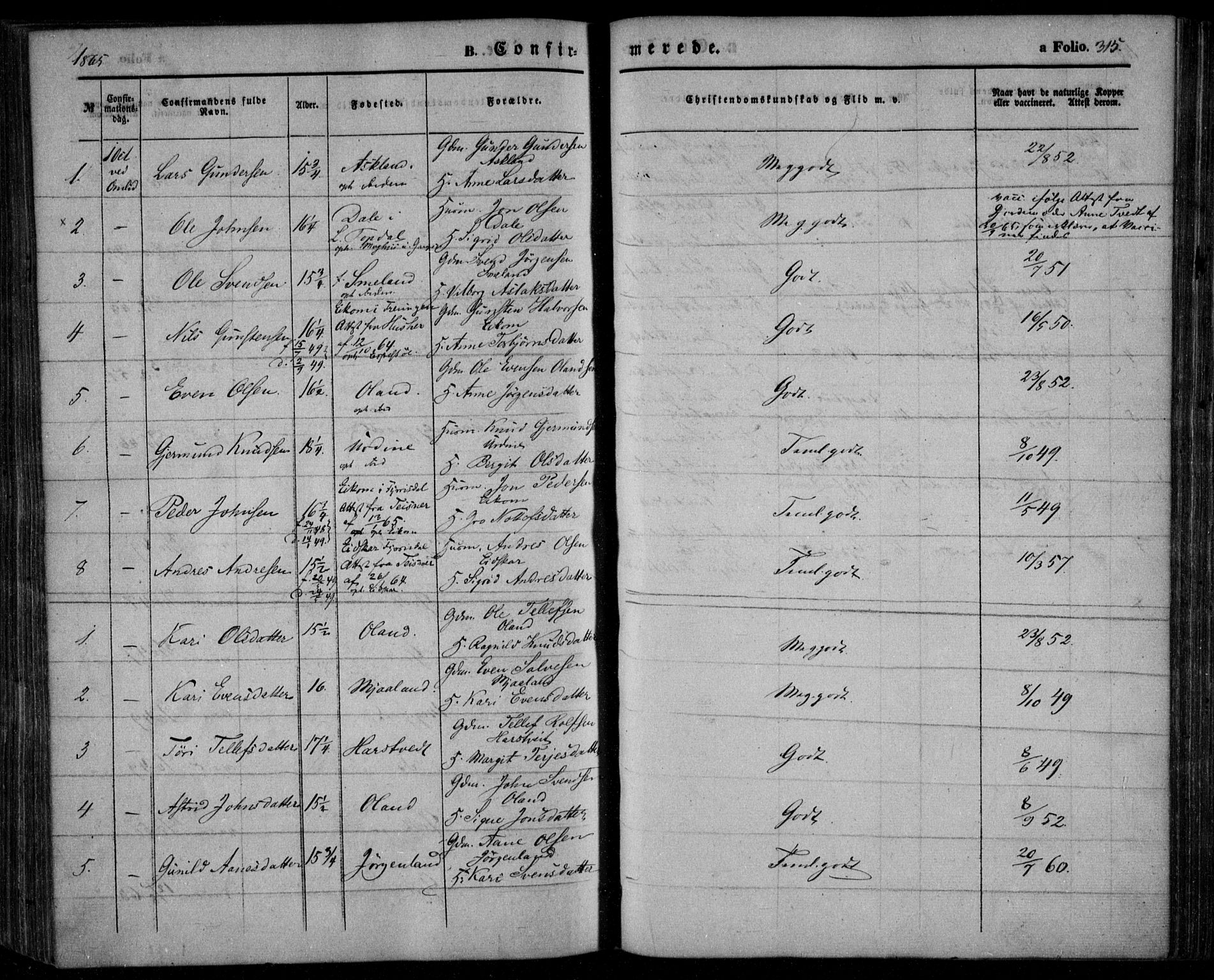 Åmli sokneprestkontor, SAK/1111-0050/F/Fa/Fac/L0008: Parish register (official) no. A 8, 1852-1869, p. 315