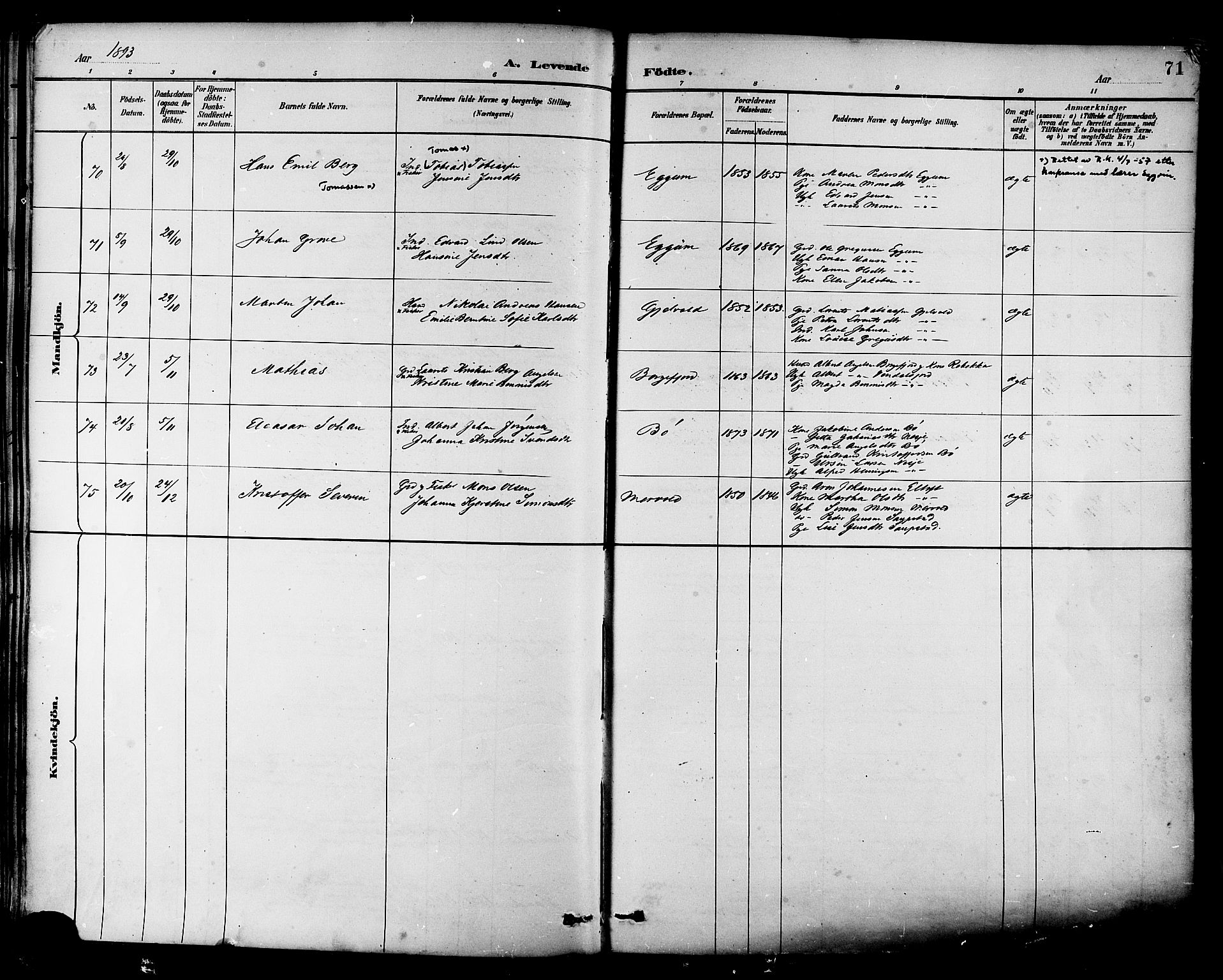 Ministerialprotokoller, klokkerbøker og fødselsregistre - Nordland, AV/SAT-A-1459/880/L1133: Parish register (official) no. 880A07, 1888-1898, p. 71