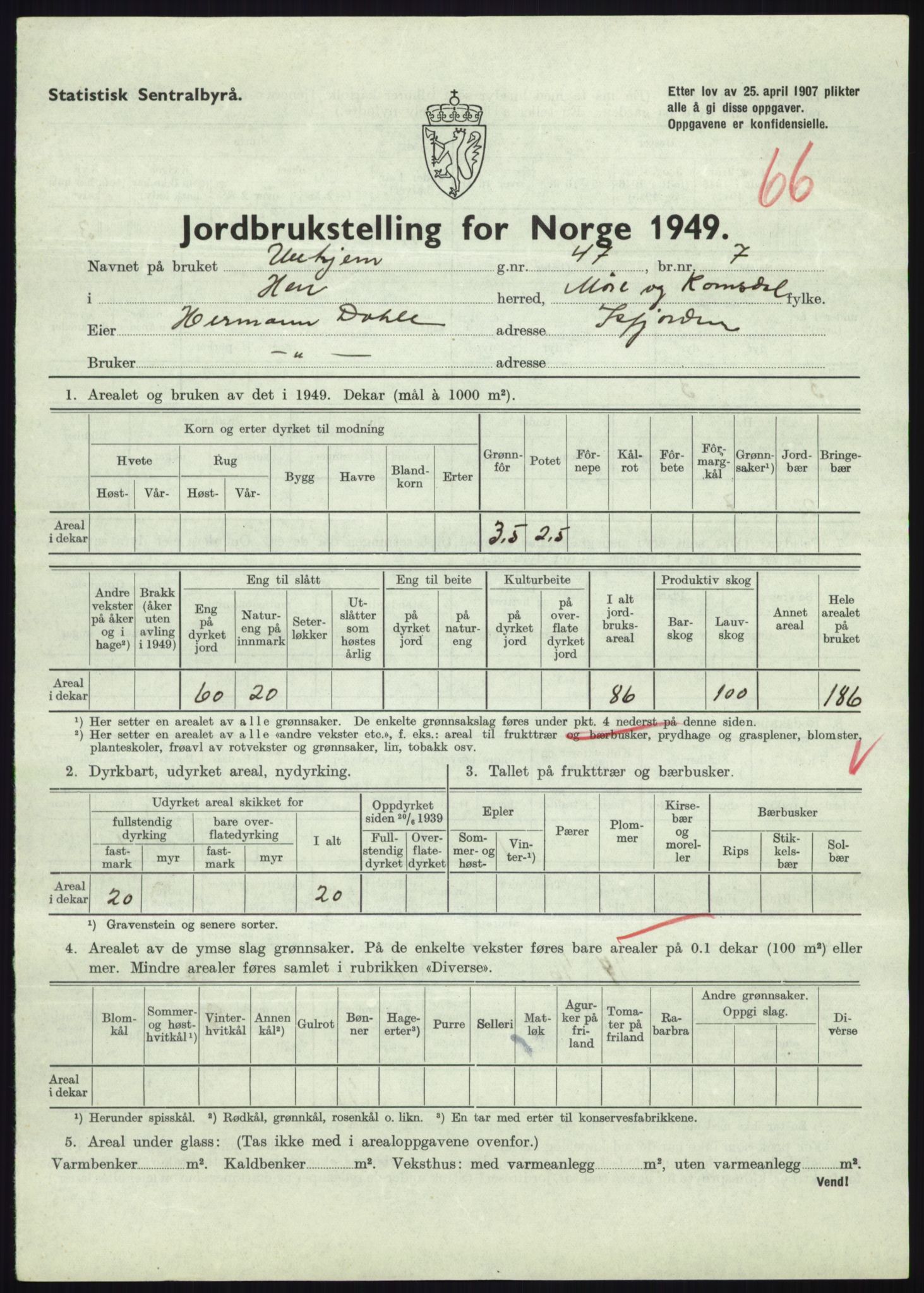 Statistisk sentralbyrå, Næringsøkonomiske emner, Jordbruk, skogbruk, jakt, fiske og fangst, AV/RA-S-2234/G/Gc/L0323: Møre og Romsdal: Grytten og Hen, 1949, p. 839