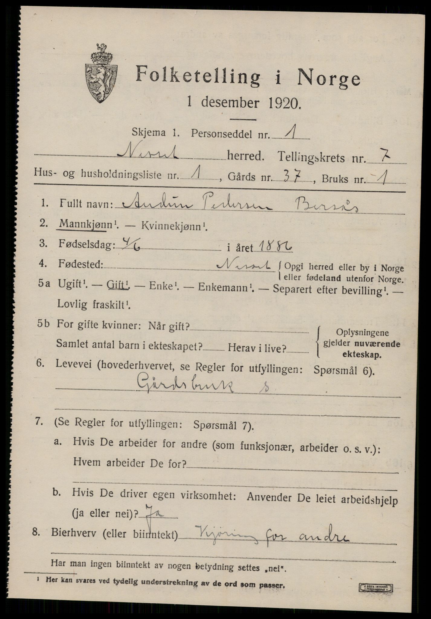 SAT, 1920 census for Nesset, 1920, p. 3240