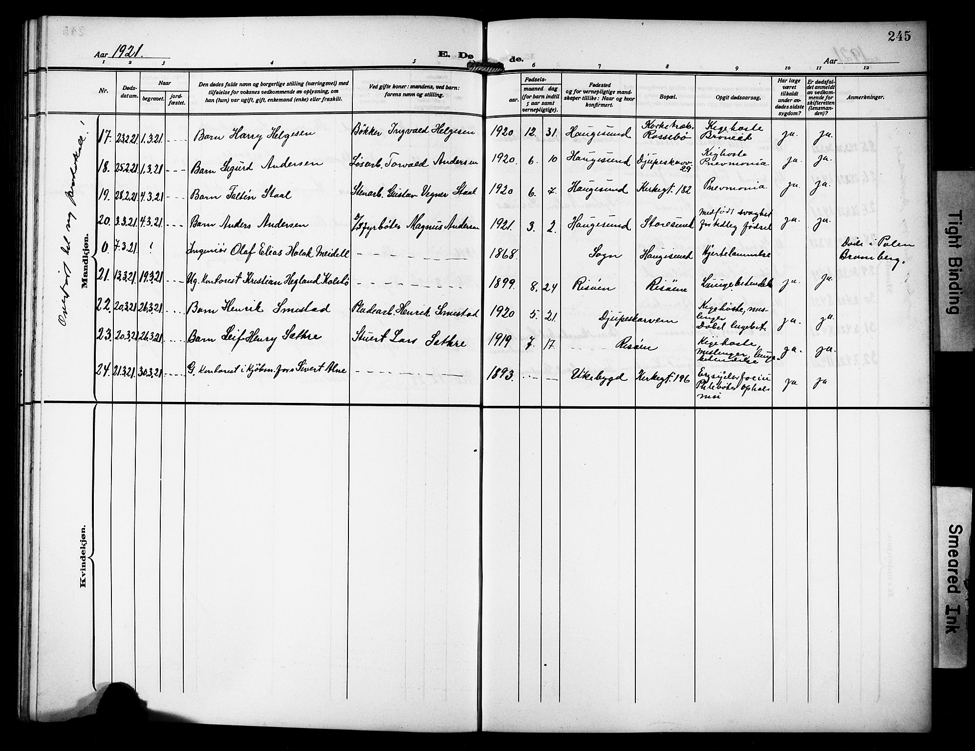 Haugesund sokneprestkontor, AV/SAST-A -101863/H/Ha/Hab/L0008: Parish register (copy) no. B 8, 1909-1921, p. 245