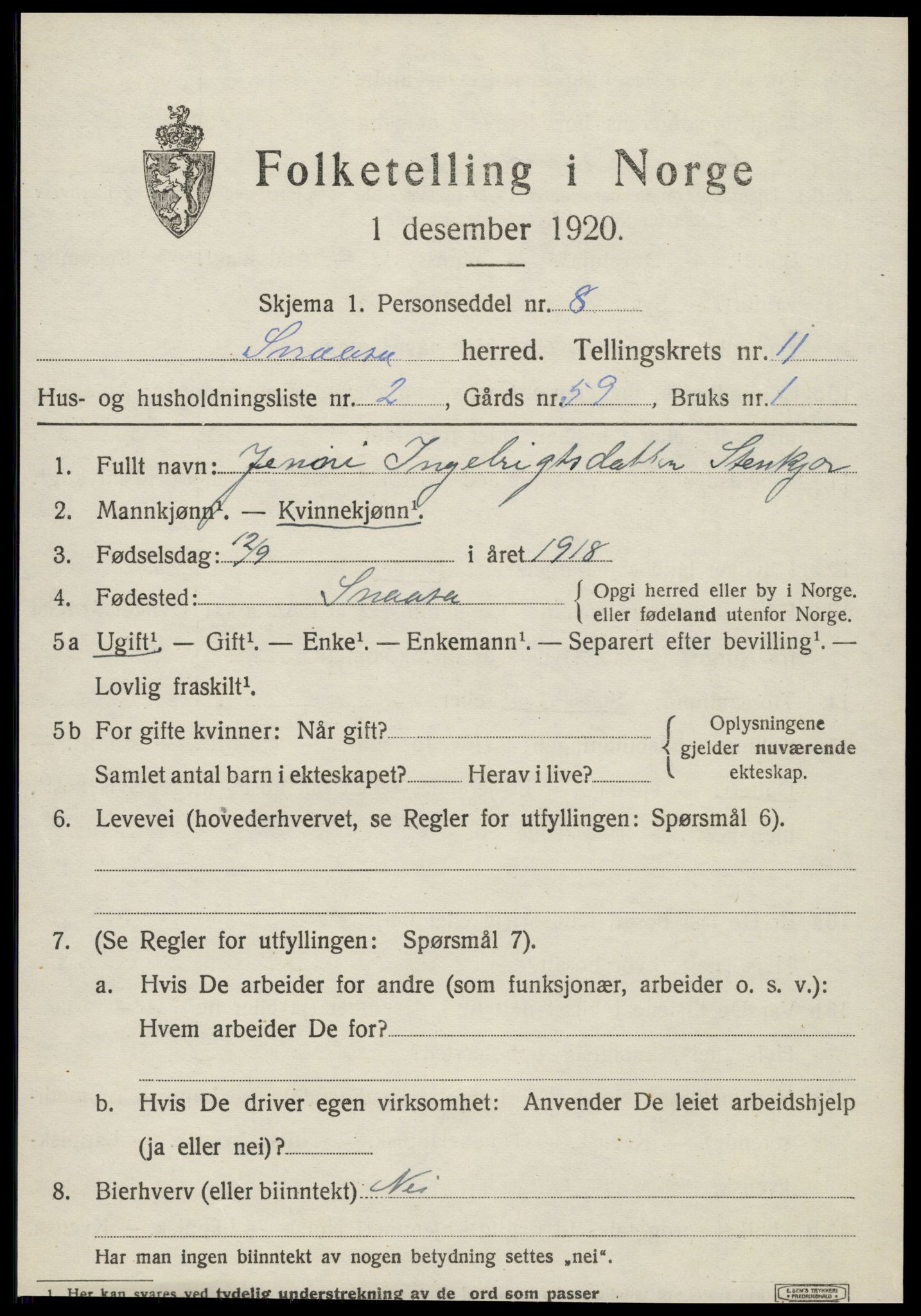 SAT, 1920 census for Snåsa, 1920, p. 5020