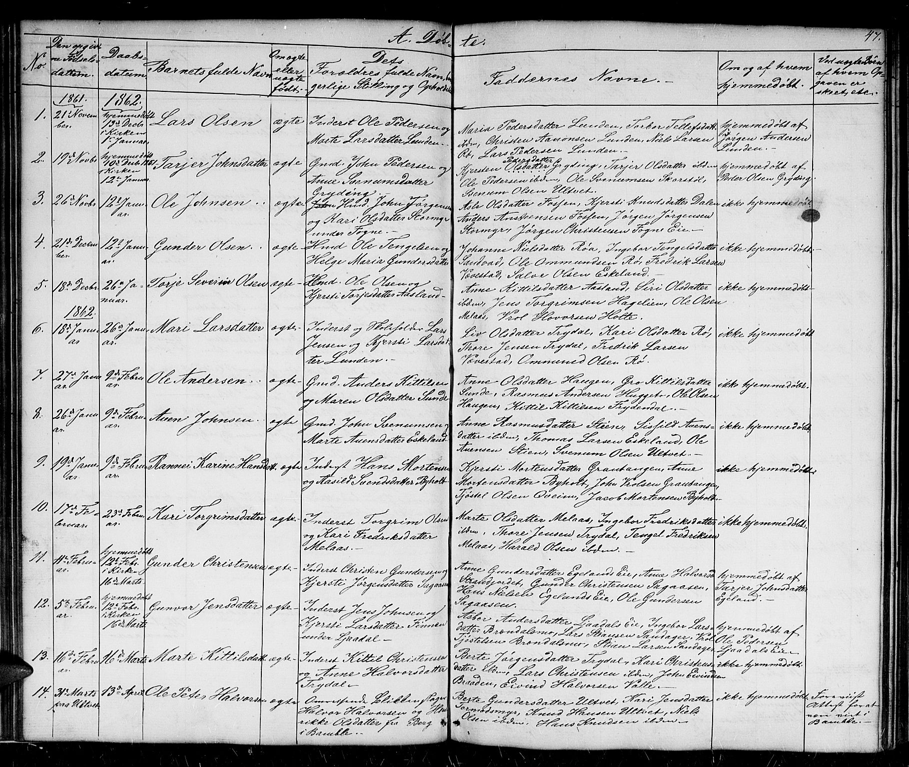 Gjerstad sokneprestkontor, AV/SAK-1111-0014/F/Fb/Fba/L0005: Parish register (copy) no. B 5, 1853-1867, p. 47