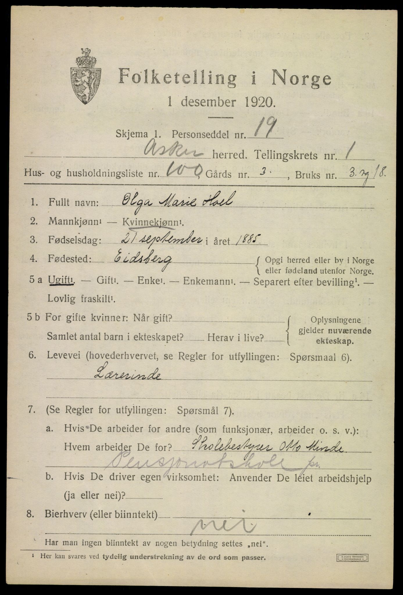 SAO, 1920 census for Asker, 1920, p. 3880