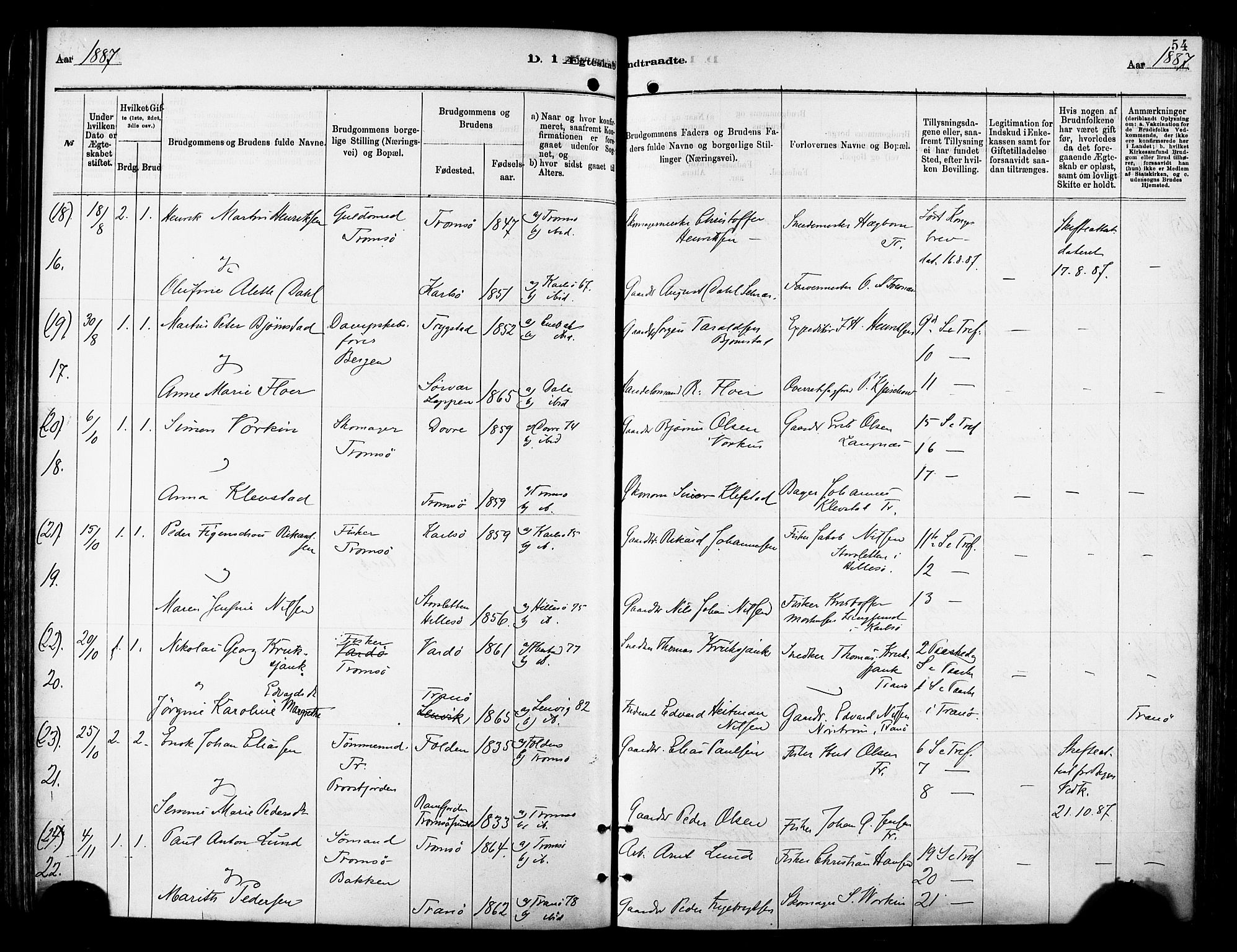 Tromsø sokneprestkontor/stiftsprosti/domprosti, SATØ/S-1343/G/Ga/L0014kirke: Parish register (official) no. 14, 1878-1888, p. 54