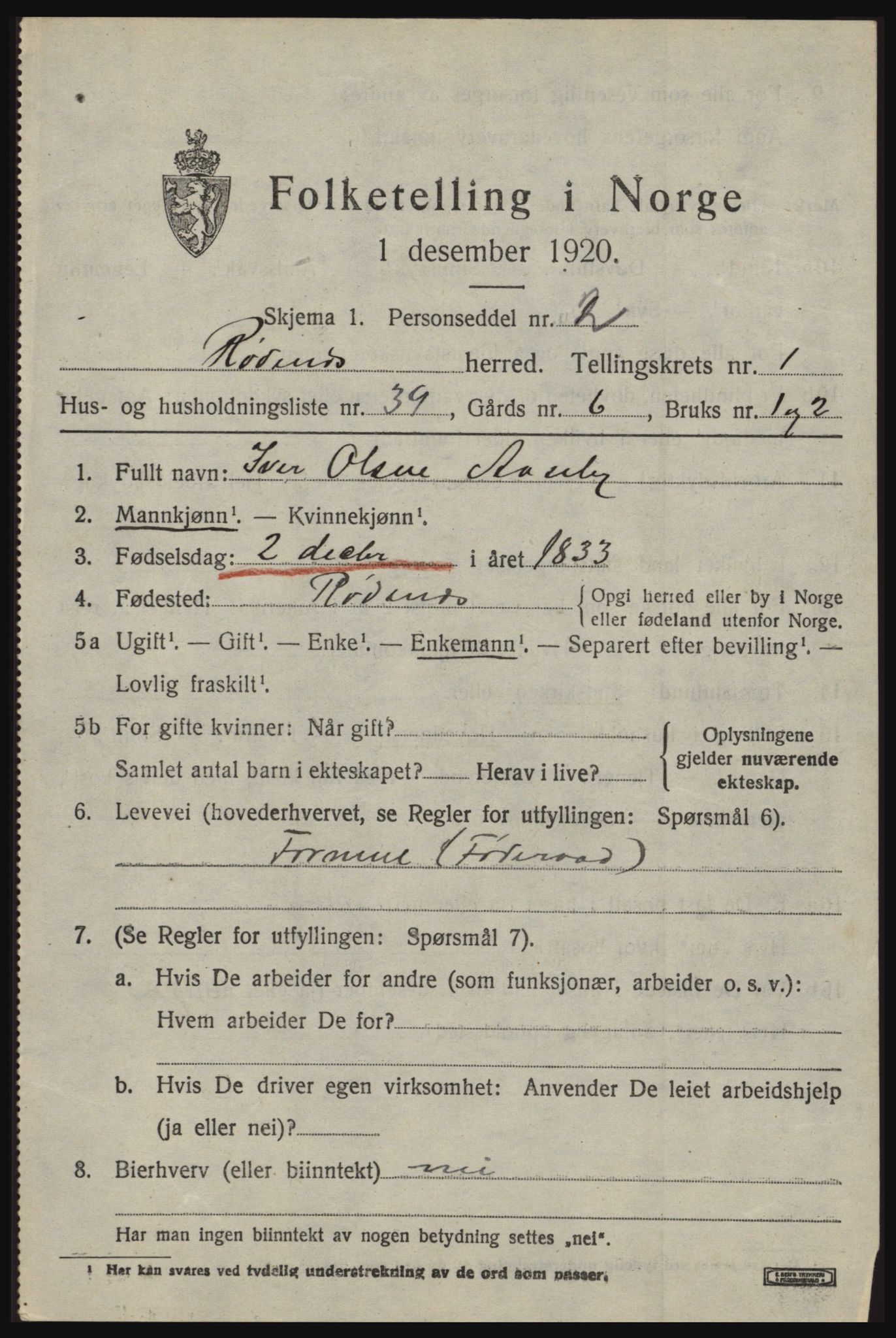 SAO, 1920 census for Rødenes, 1920, p. 958