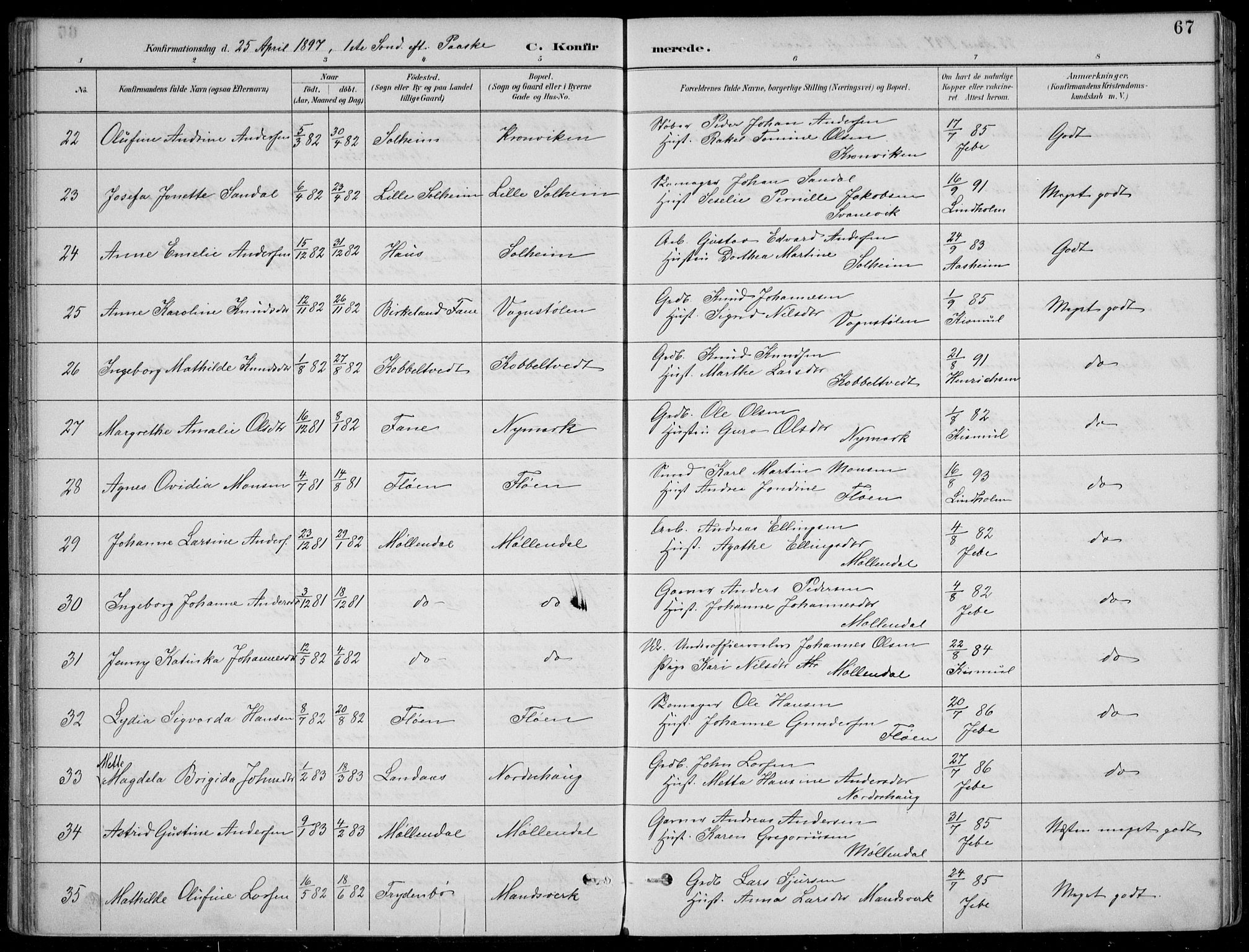 Årstad Sokneprestembete, SAB/A-79301/H/Hab/L0011: Parish register (copy) no. B 1, 1886-1901, p. 67