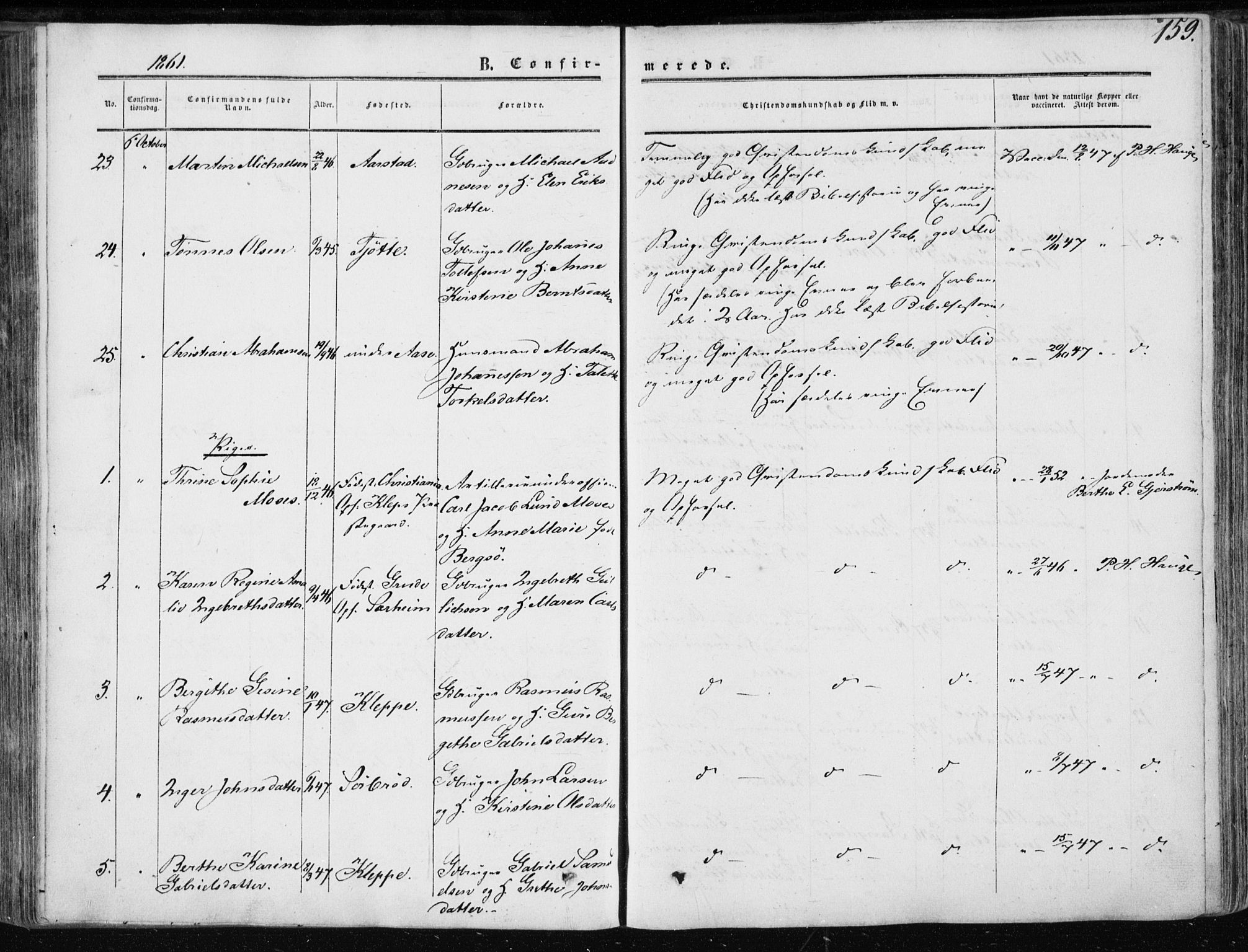 Klepp sokneprestkontor, AV/SAST-A-101803/001/3/30BA/L0005: Parish register (official) no. A 5, 1853-1870, p. 159