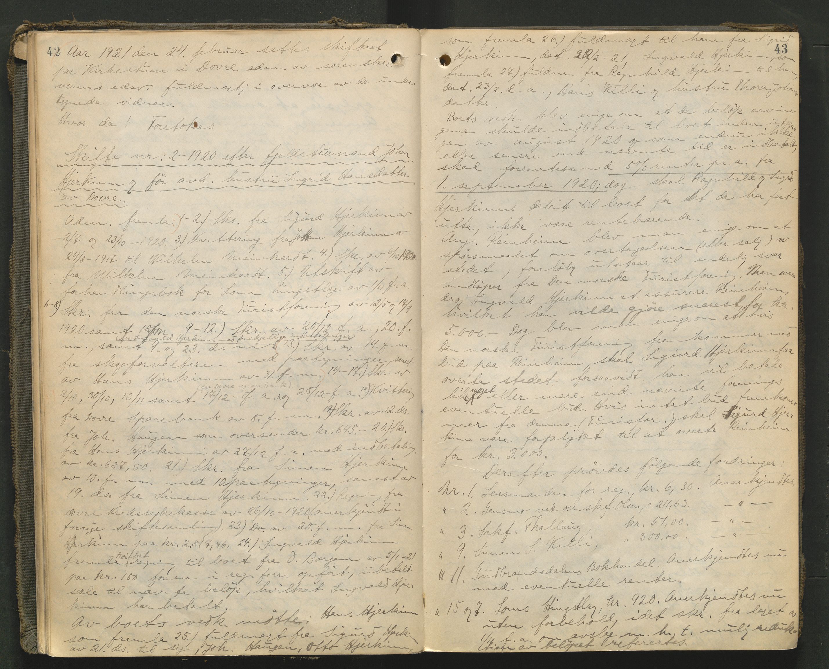 Nord-Gudbrandsdal tingrett, AV/SAH-TING-002/J/Jc/L0007: Skifteforhandlingsprotokoll, 1920-1926, p. 42-43