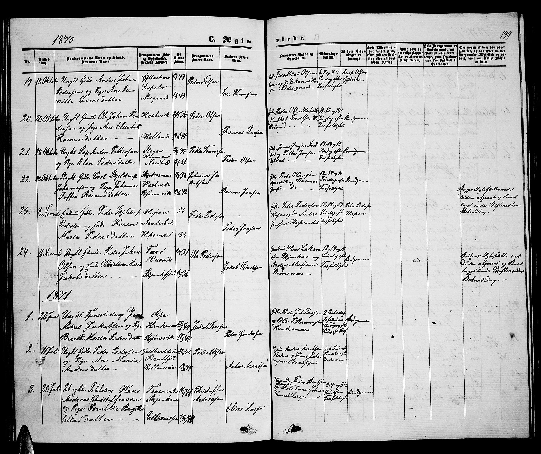 Ministerialprotokoller, klokkerbøker og fødselsregistre - Nordland, AV/SAT-A-1459/853/L0775: Parish register (copy) no. 853C03, 1859-1877, p. 199