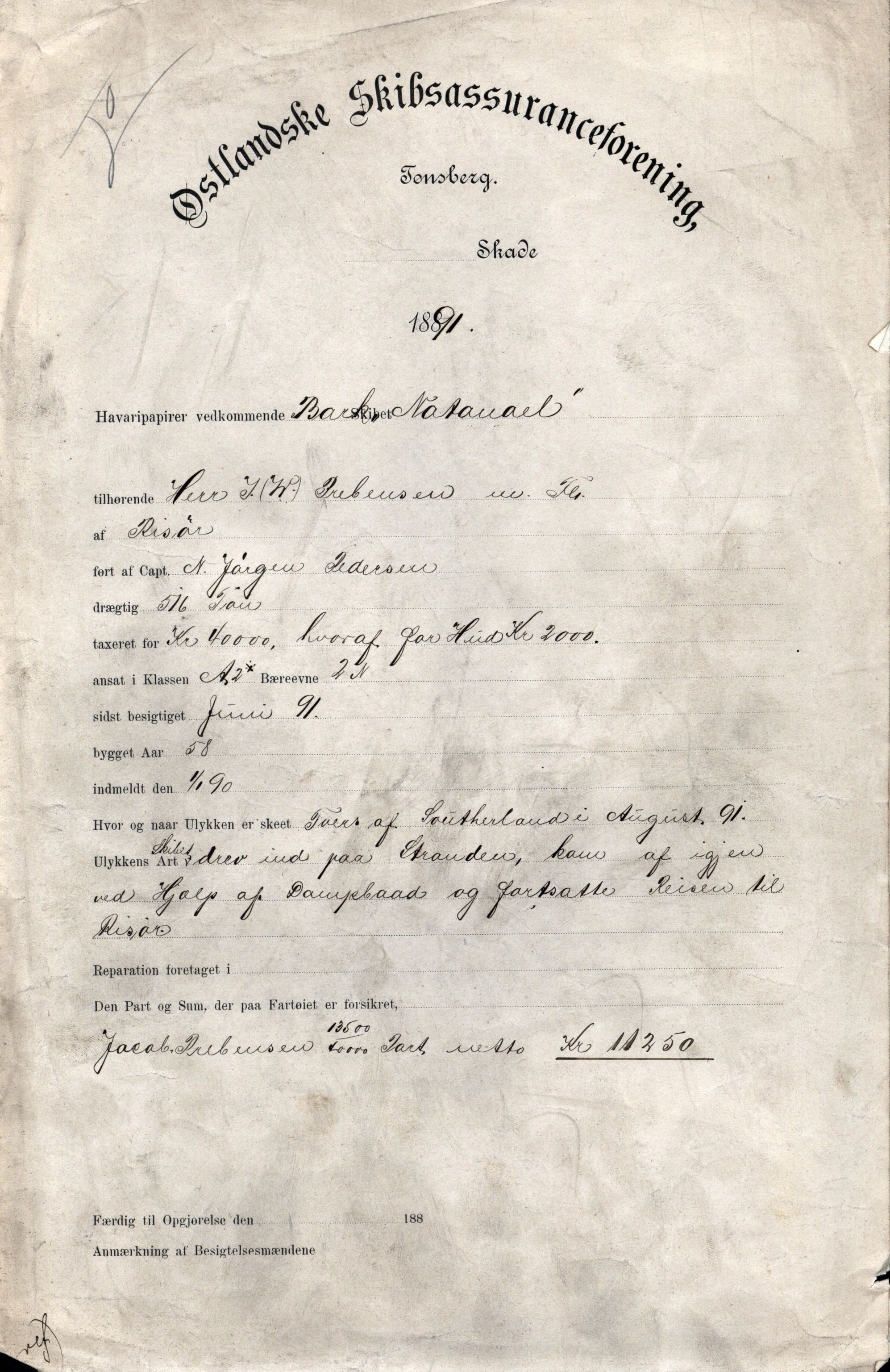 Pa 63 - Østlandske skibsassuranceforening, VEMU/A-1079/G/Ga/L0027/0015: Havaridokumenter / Orion, Orient, Nicolay H. Knudtzon, Natanael, Norrøna, 1891, p. 48