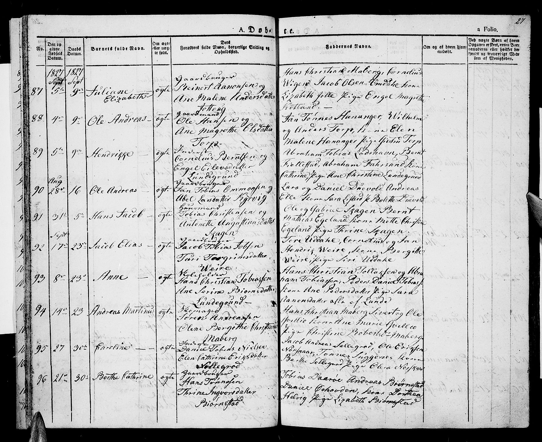Lista sokneprestkontor, SAK/1111-0027/F/Fa/L0008: Parish register (official) no. A 8, 1823-1835, p. 27