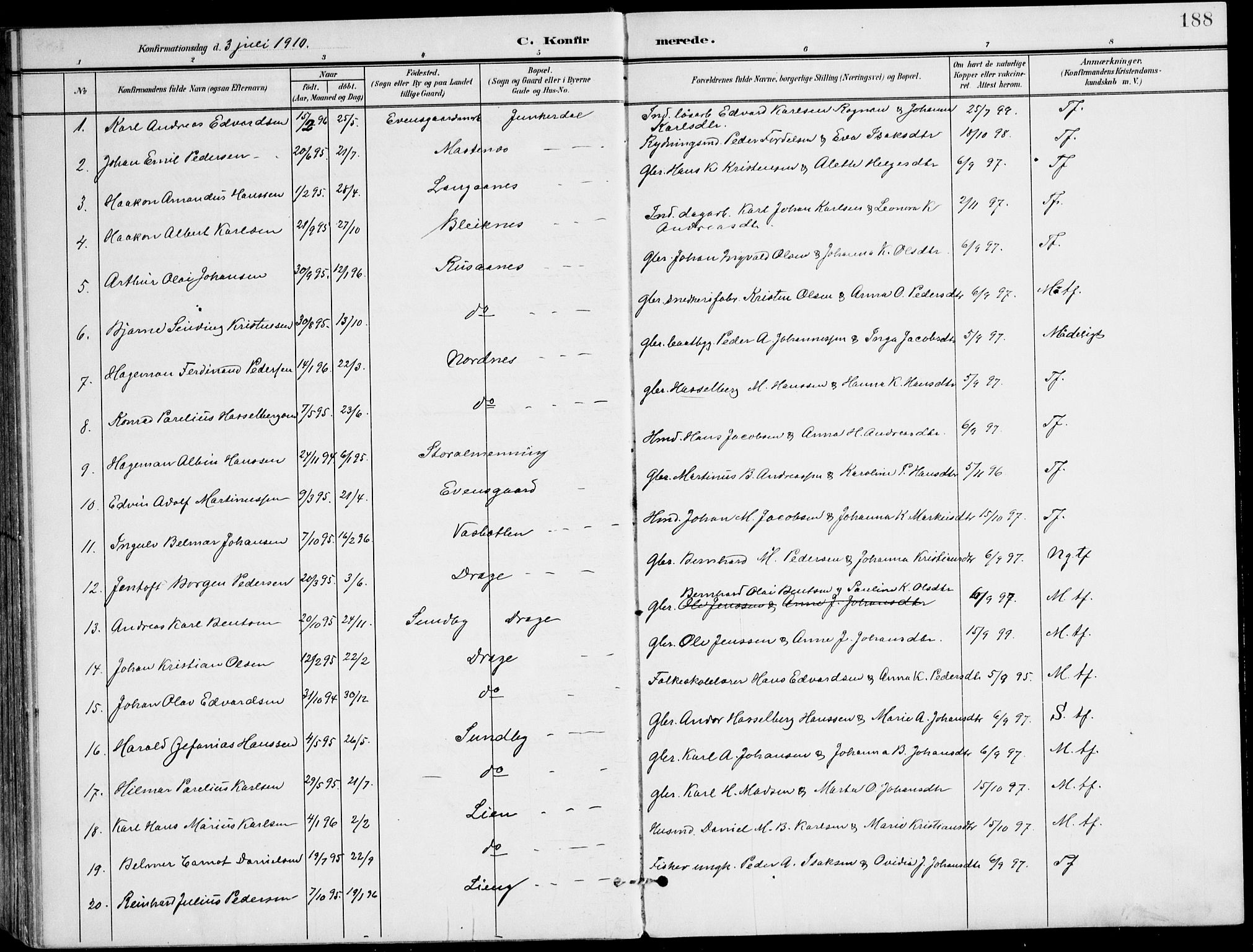 Ministerialprotokoller, klokkerbøker og fødselsregistre - Nordland, SAT/A-1459/847/L0672: Parish register (official) no. 847A12, 1902-1919, p. 188