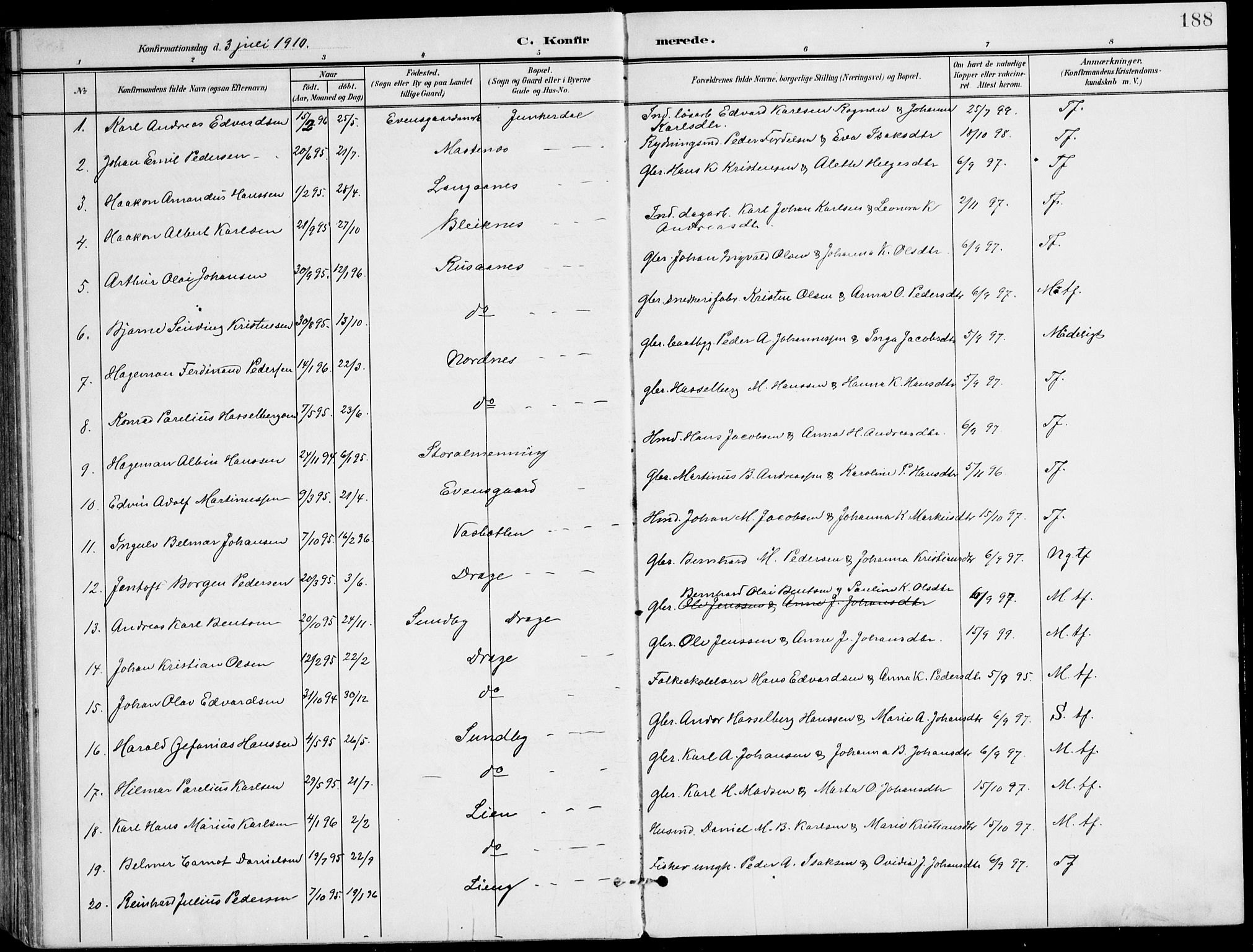 Ministerialprotokoller, klokkerbøker og fødselsregistre - Nordland, AV/SAT-A-1459/847/L0672: Parish register (official) no. 847A12, 1902-1919, p. 188