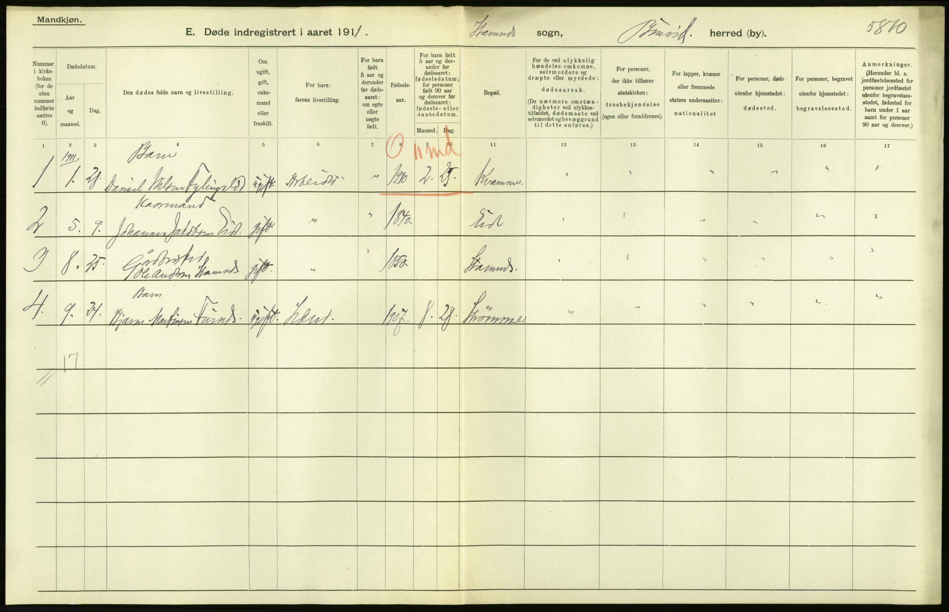 Statistisk sentralbyrå, Sosiodemografiske emner, Befolkning, AV/RA-S-2228/D/Df/Dfb/Dfba/L0030: S. Bergenhus amt: Døde. Bygder., 1911, p. 6